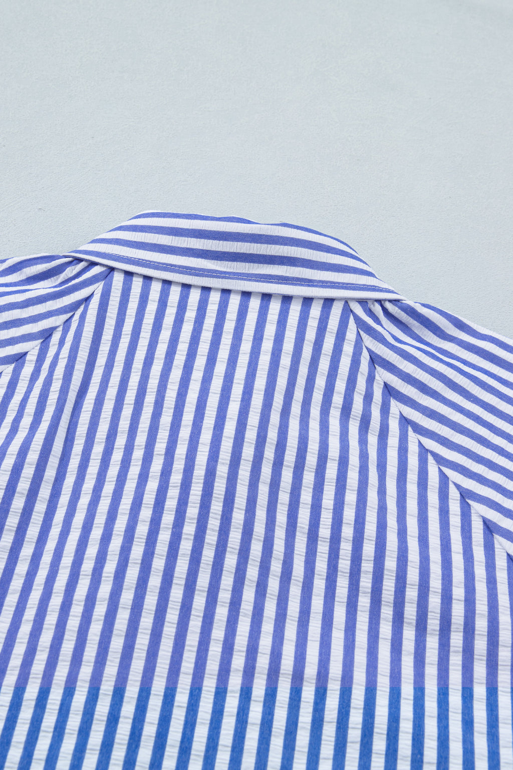 Sky Blue Stripe Lily Floral Embroidered Puff Sleeve Button Down Shirt