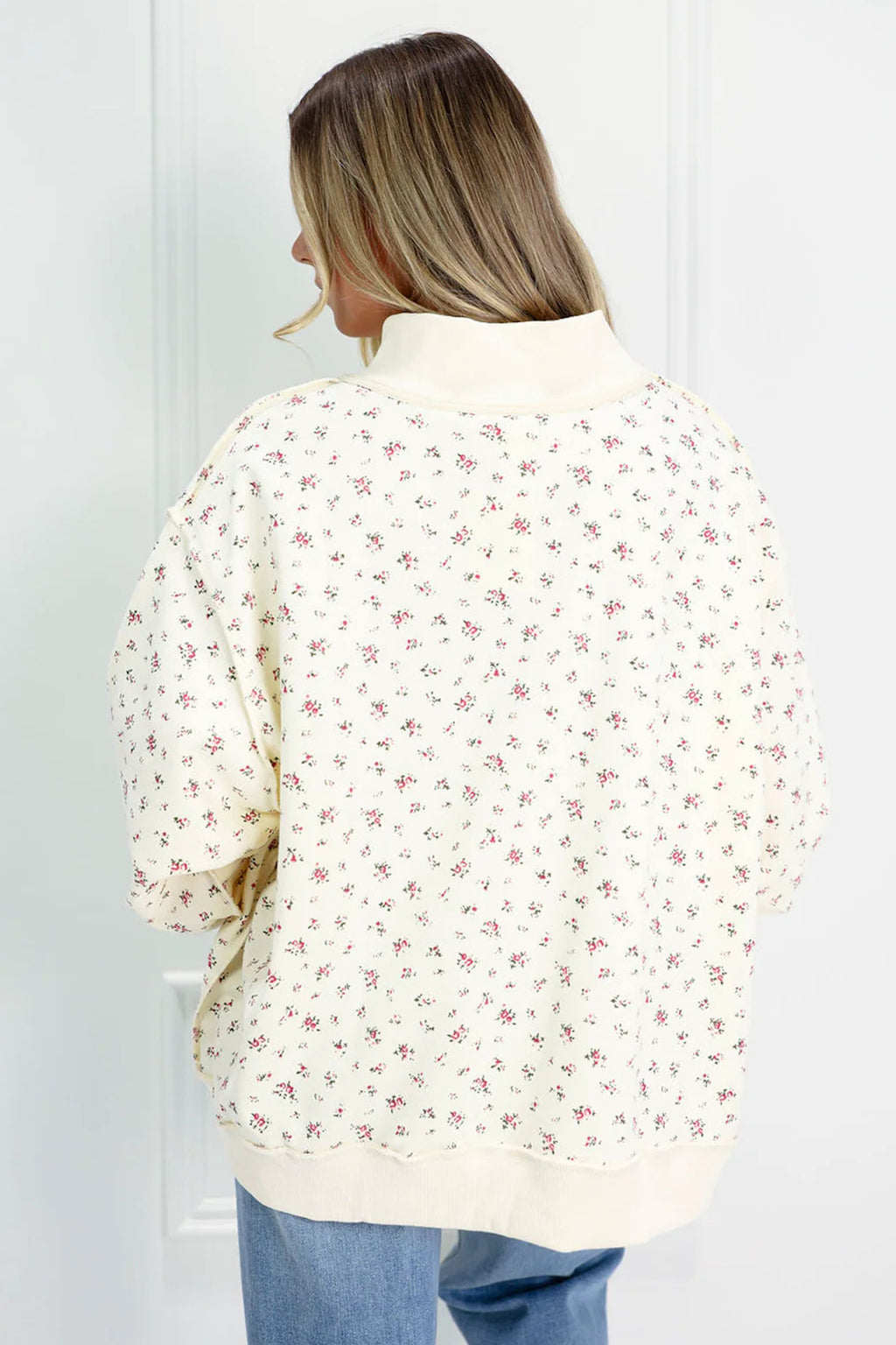 Beige Ribbed High Neck Patchwork Floral Print Baggy Pullover Sweatshirt