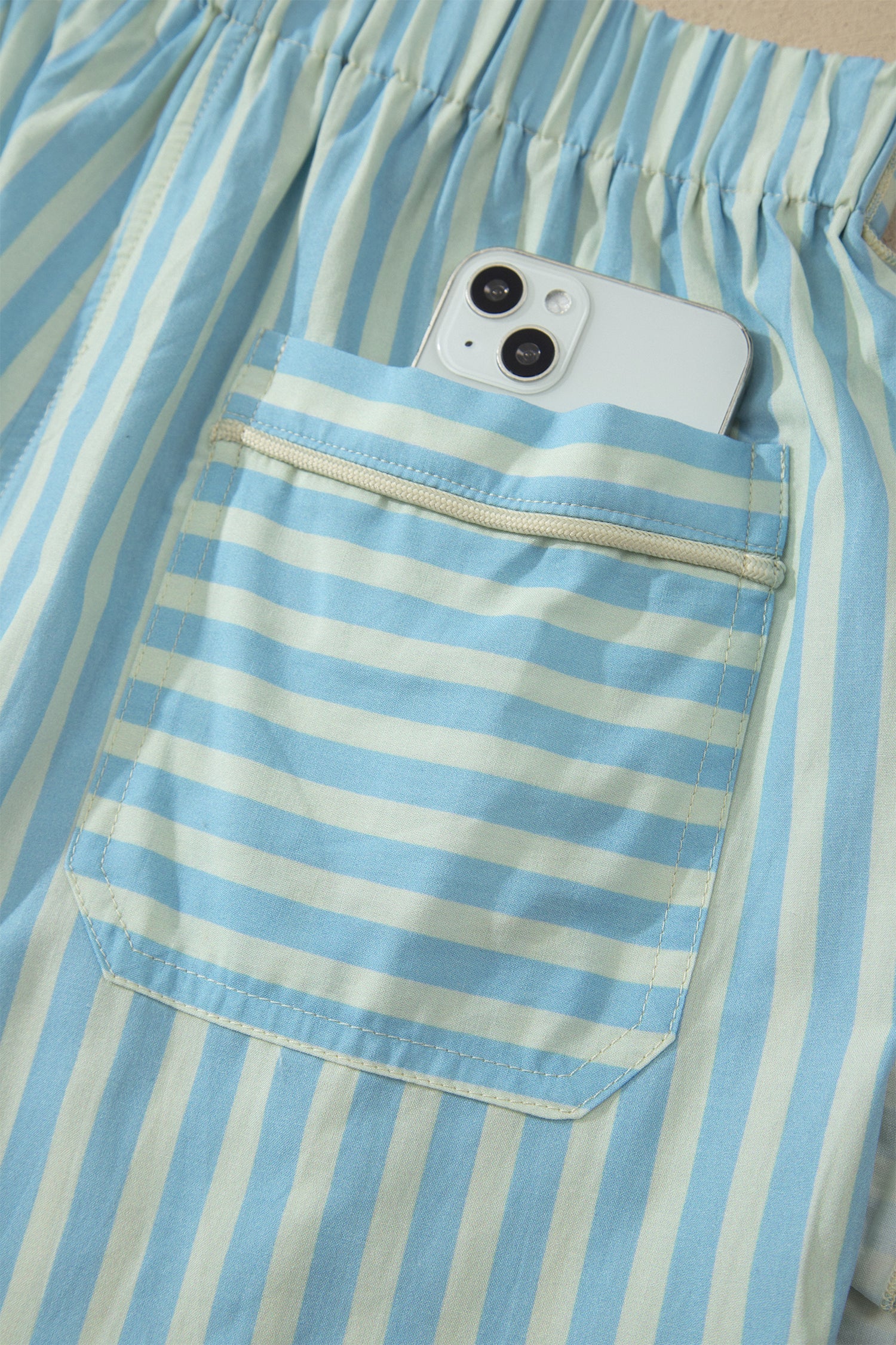 Sky Blue Stripe Elastic Waist Ruffle Trim Casual Shorts