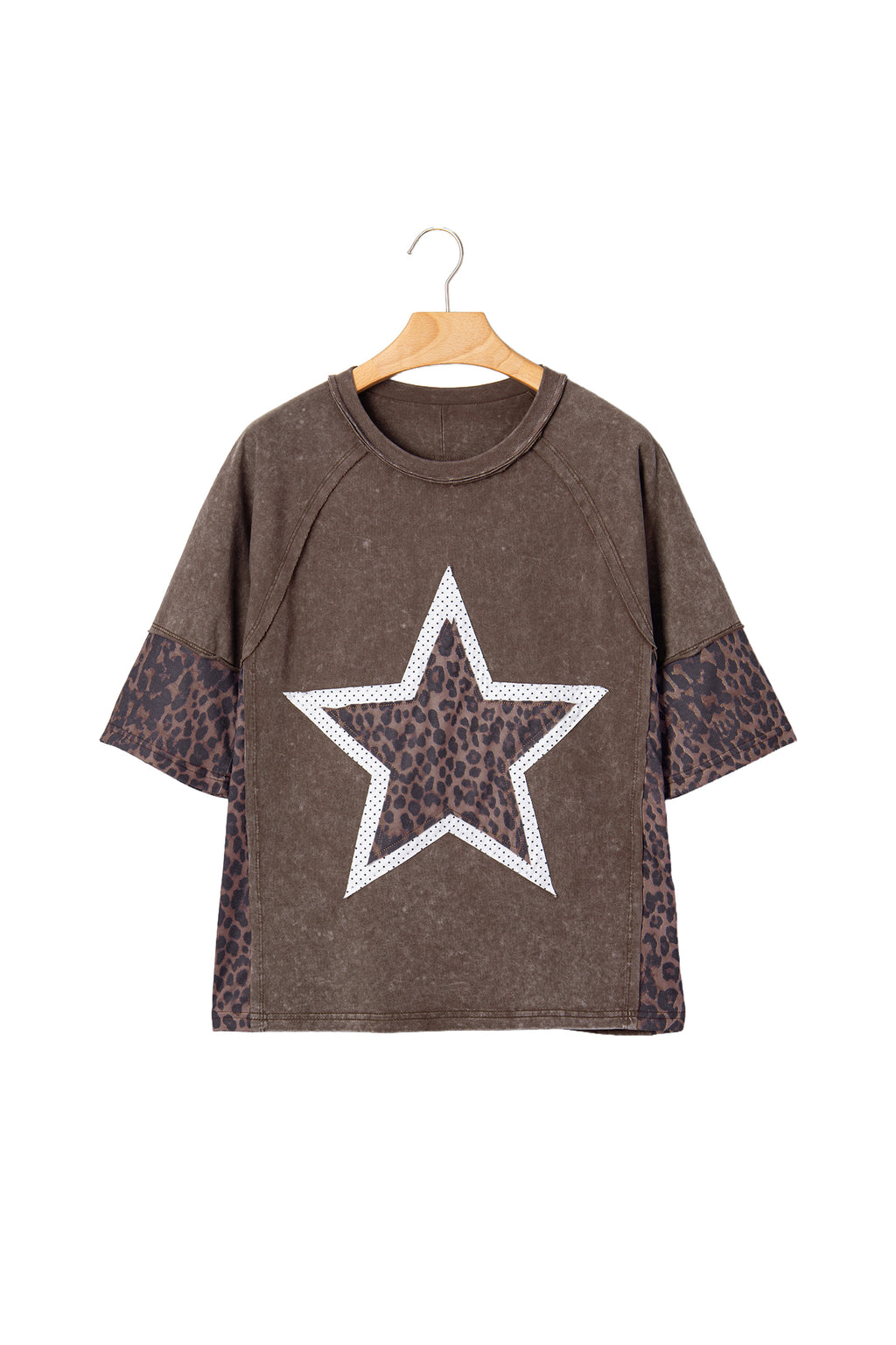 Coffee Mineral Wash Exposed Seam Leopard Star Patched T Shirt