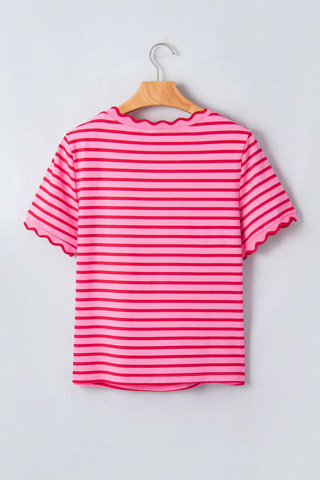 Pink Stripe Scalloped Trim Round Neck T Shirt
