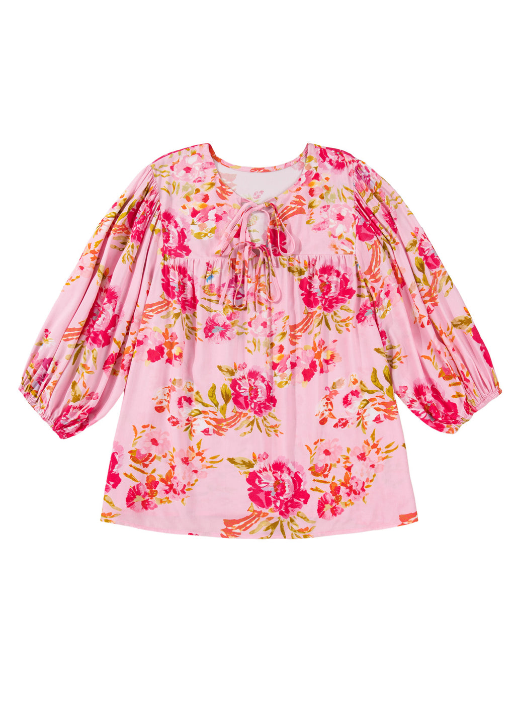 Pink Plus Size Floral Print V Neck Tie Front Short Sleeve Tunic Top