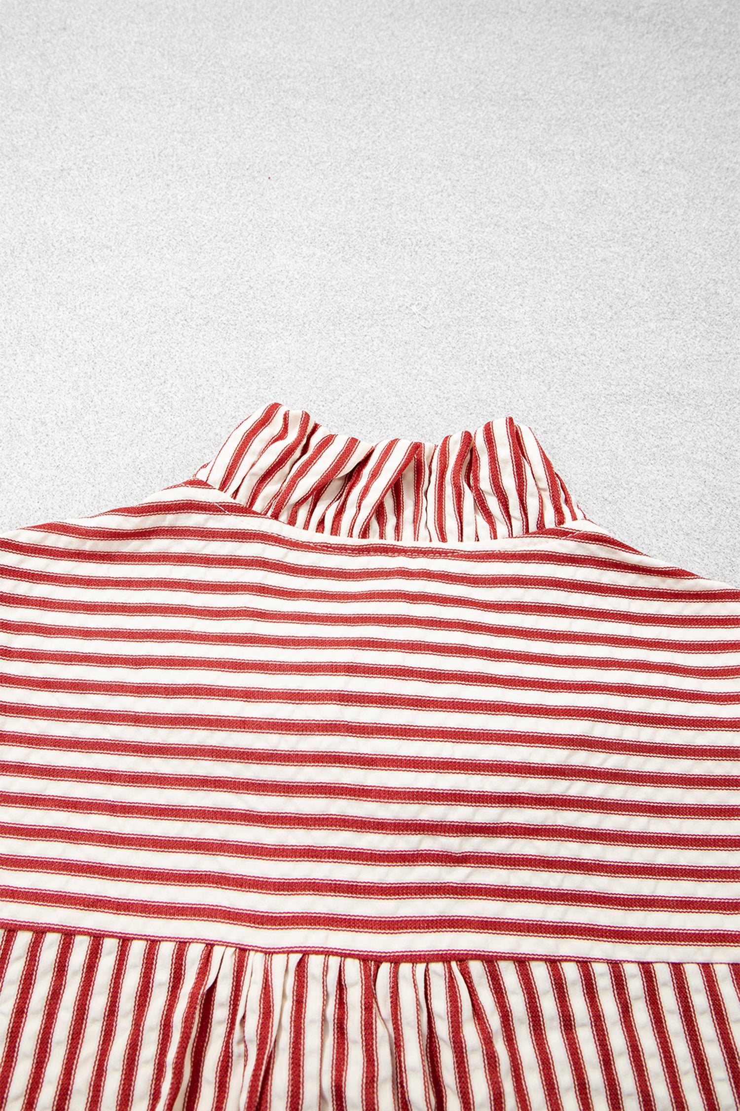 Red Stripe Textured Ruffle Trim Button-Up Long Sleeve Shirt