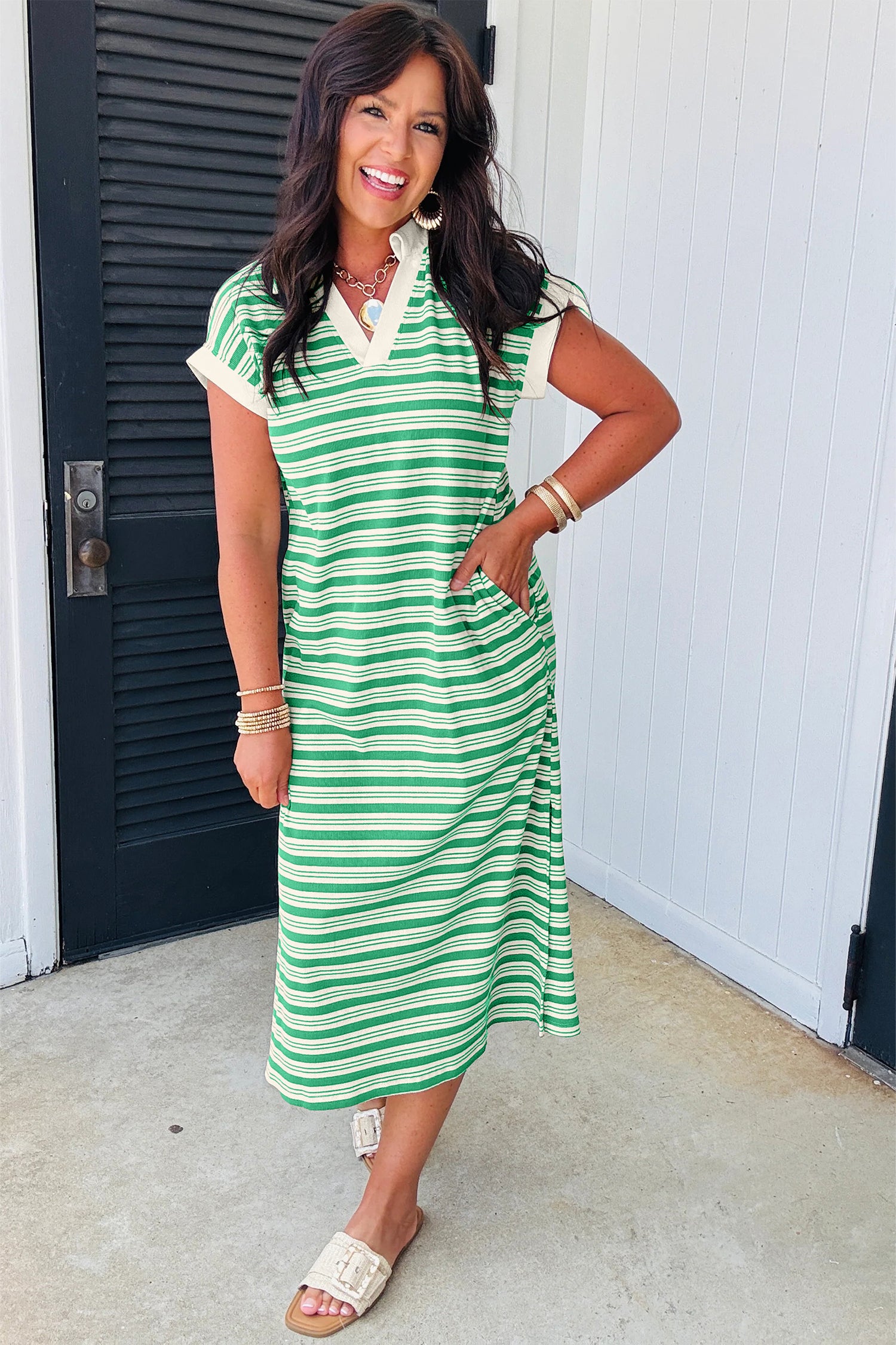 Green Stripe Midi Dress with Pockets