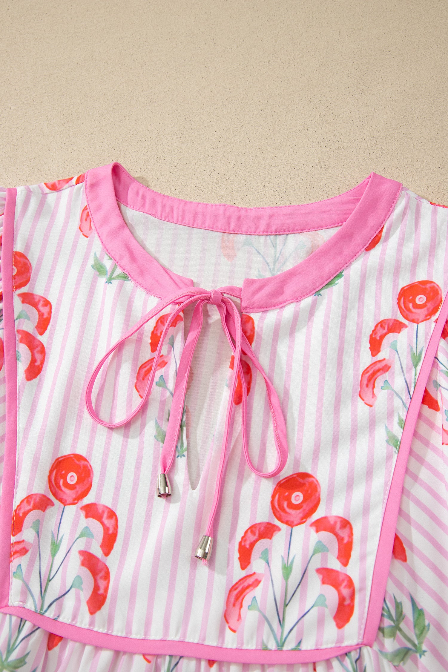 Pink Floral Striped Print Tie Notched Neck Puff Sleeve Flared Mini Dress