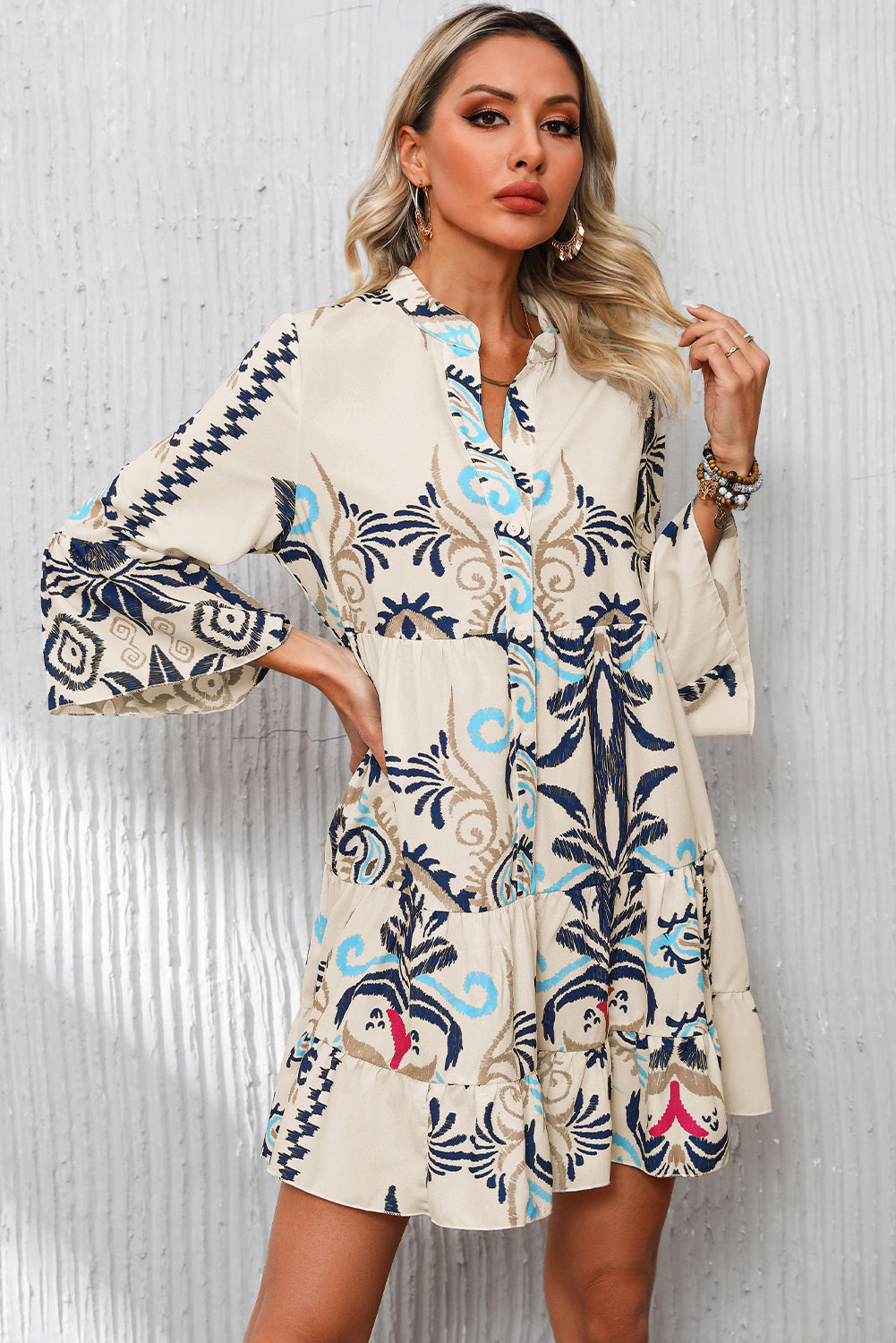 Tribal Bracelet Sleeve Buttoned Mini Dress