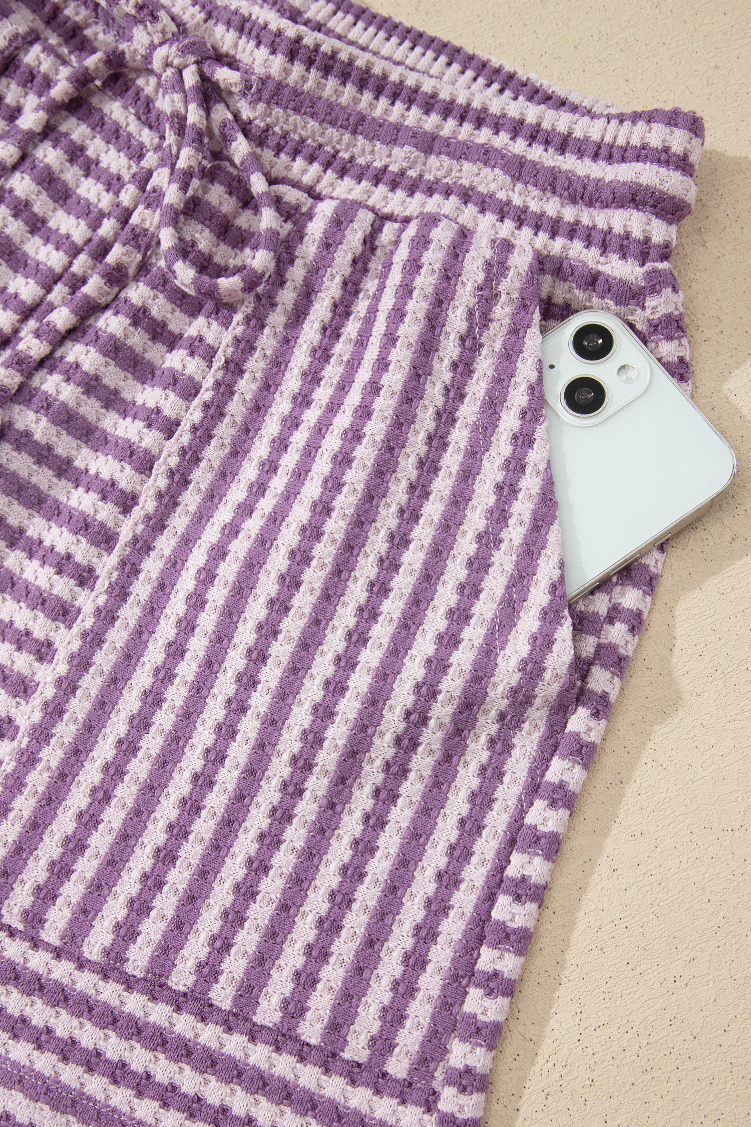 Purple Stripe Breathable Textured Knit Short 2pcs Set