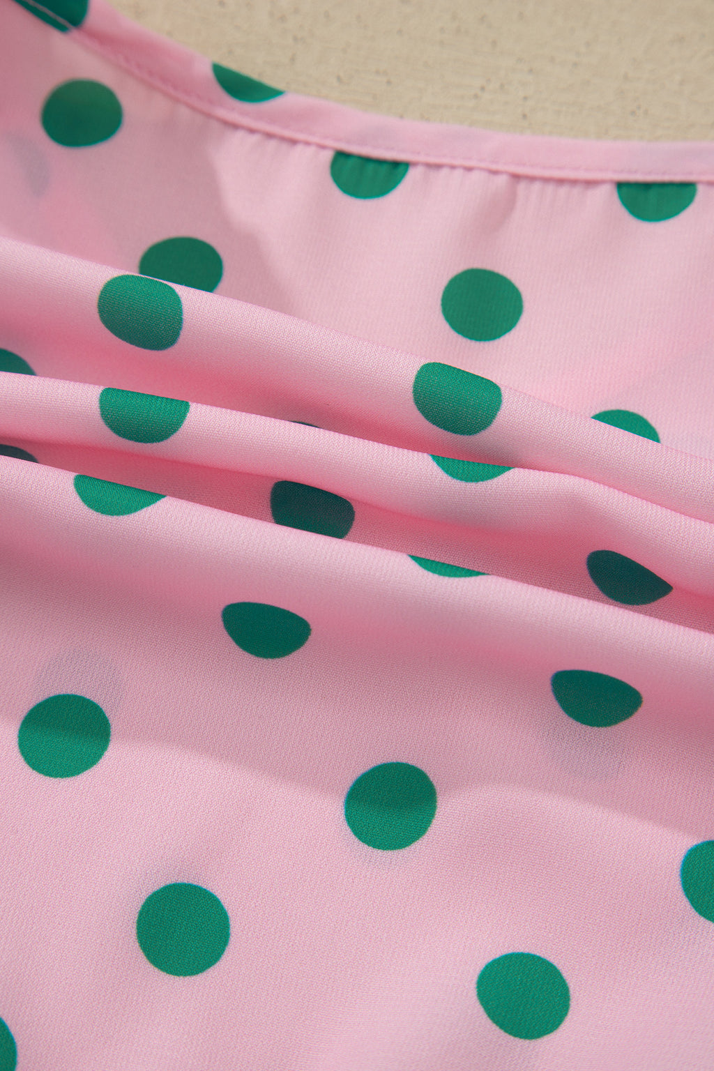 Pink V Neck Polka Dot Print Drawstring Tiered Babydoll Blouse