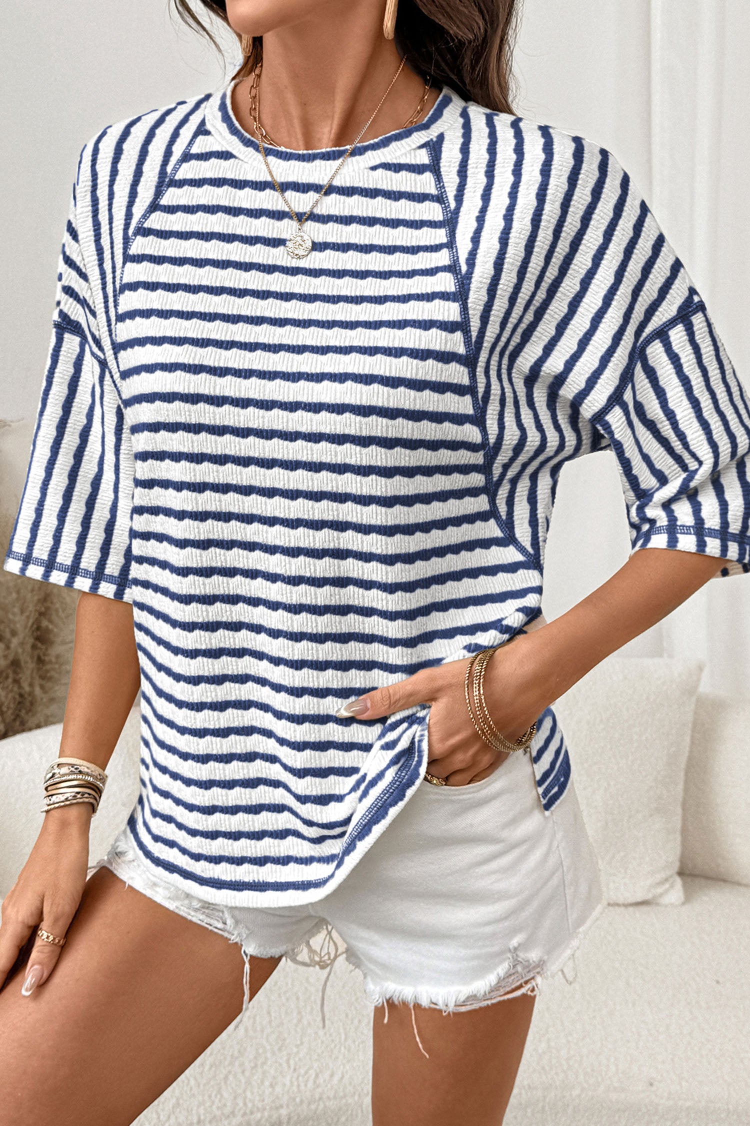 Blue Stripe Half Sleeve Loose Top