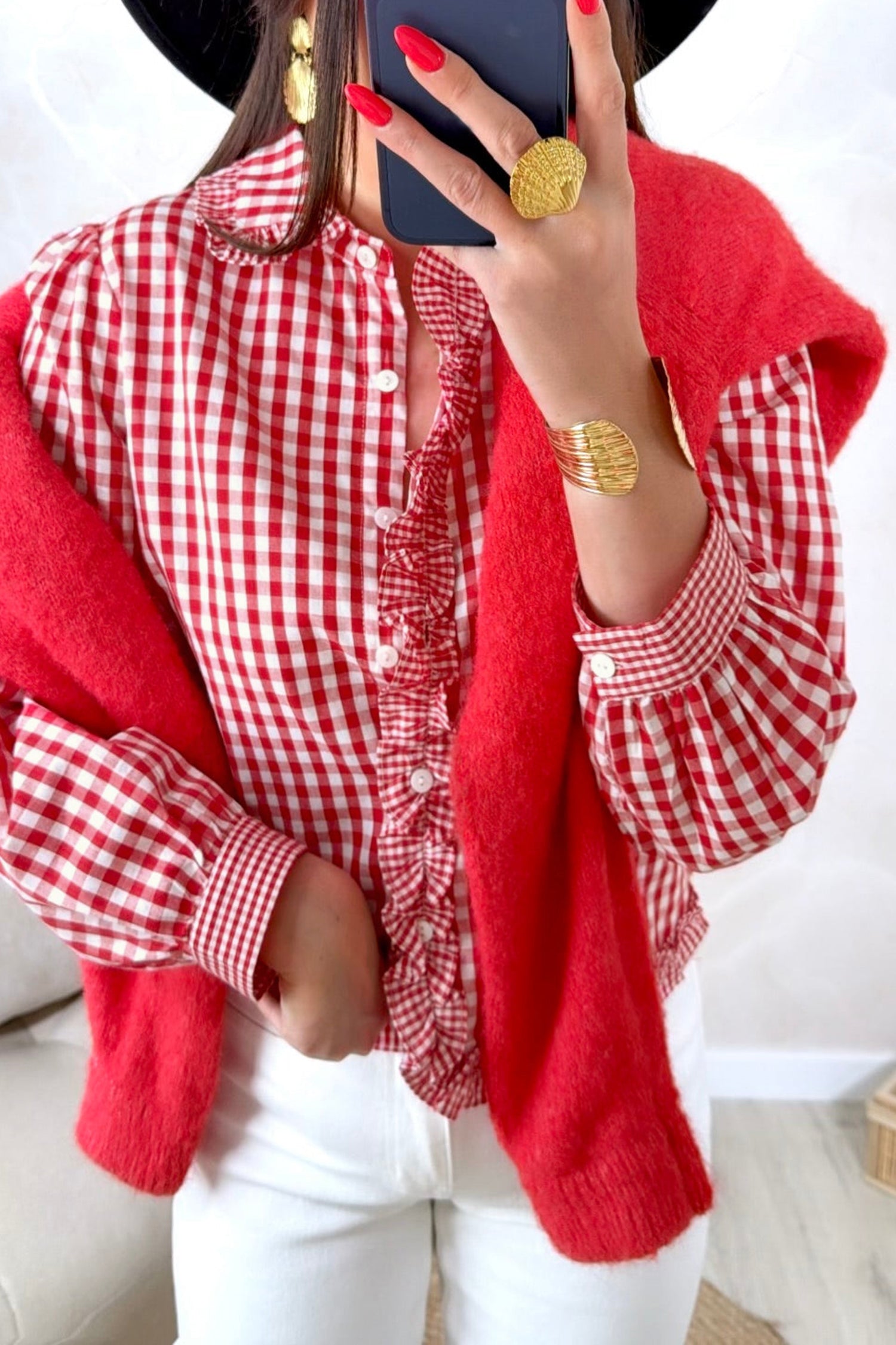 Red Plaid Long Sleeve Button Down Frill Detail Casual Shirt