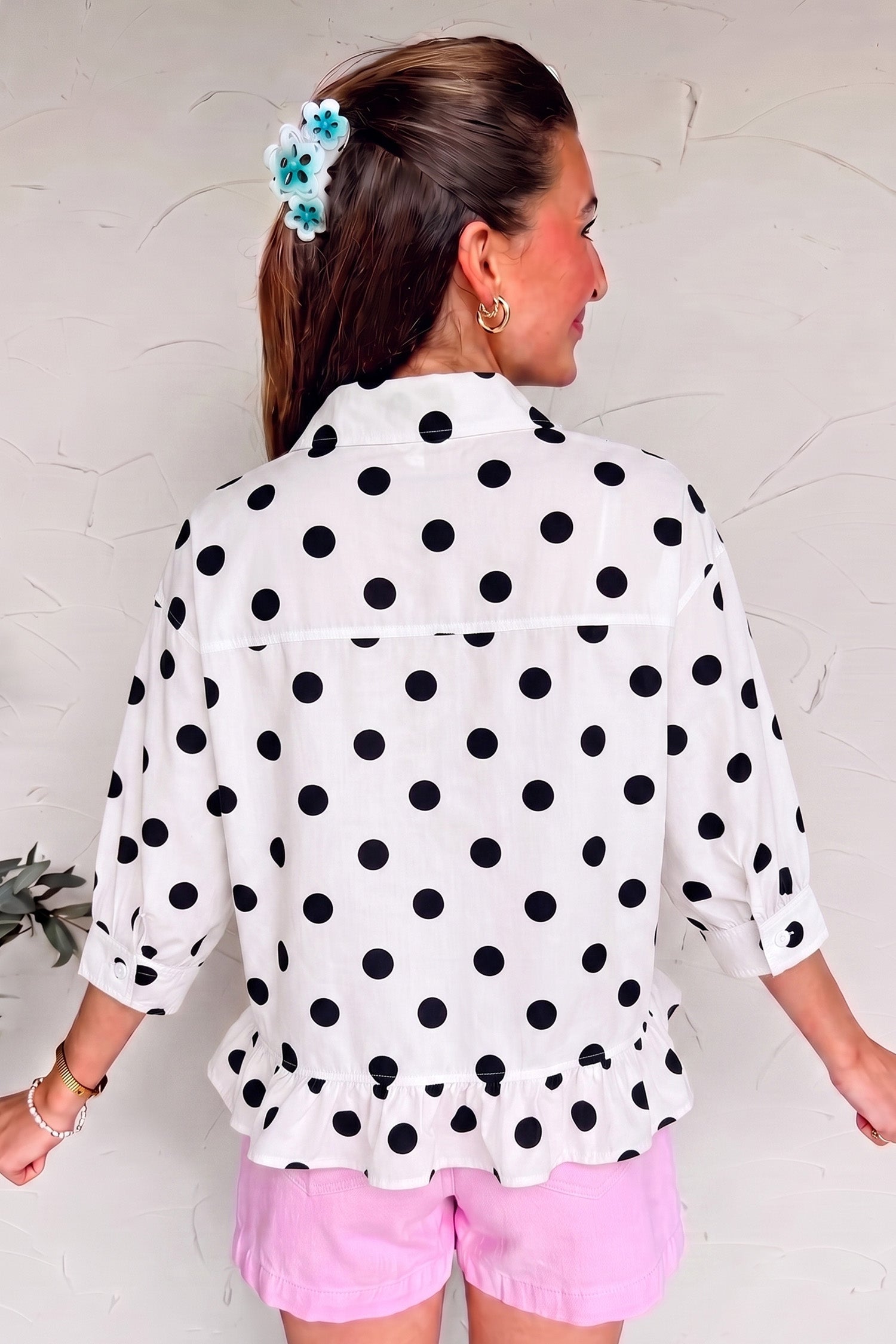 Khaki Polka Dot Print Three Quarter Sleeve Ruffle Hem Casual Shirt