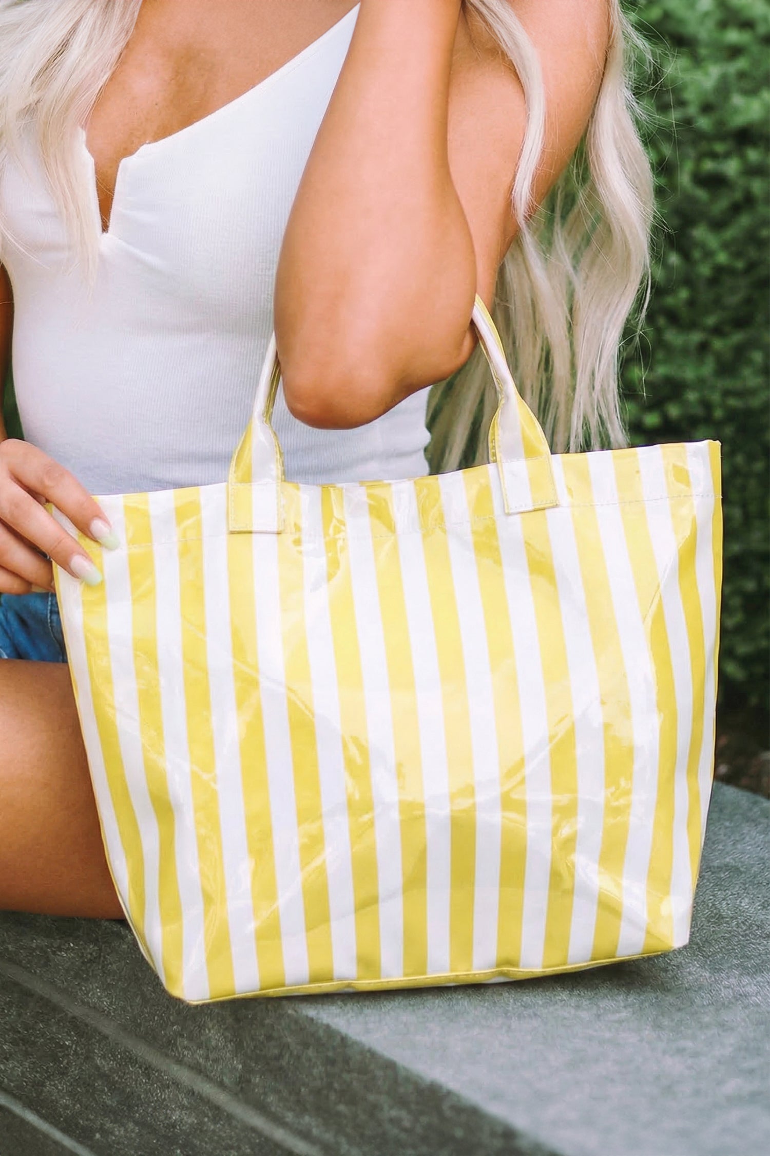Pink Glossy Striped Vinyl Large Tote Bag