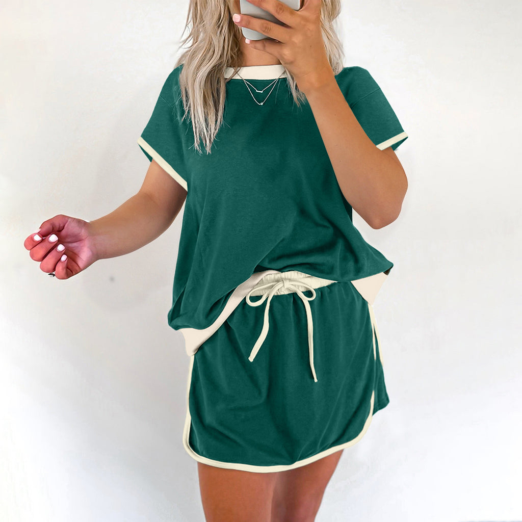 Moonlight Jade Colorblock Edge Drop Shoulder T Shirt and Skort 2Pcs Set