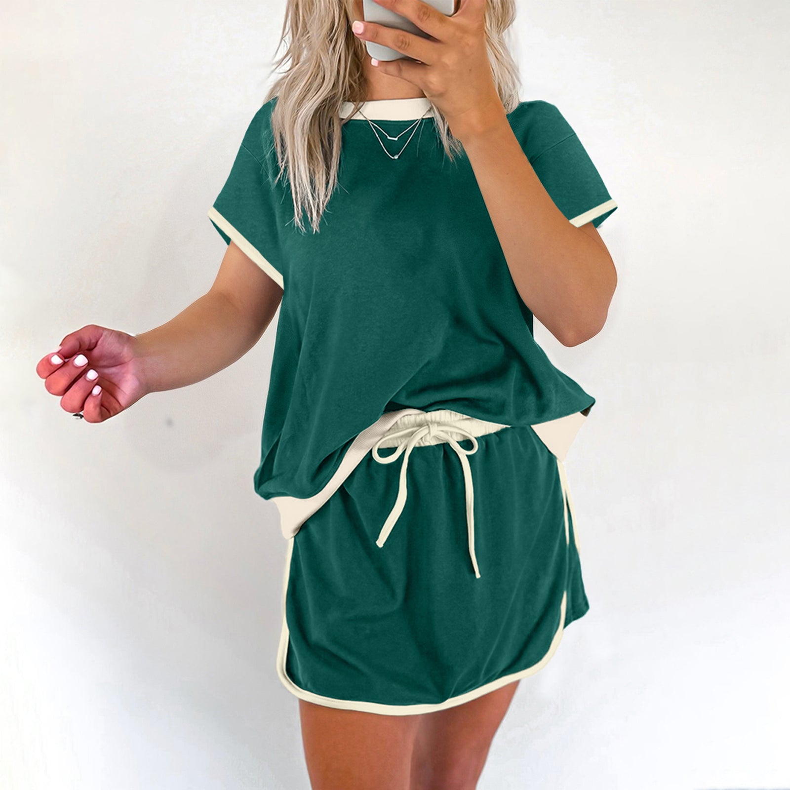 Moonlight Jade Colorblock Edge Drop Shoulder T Shirt and Skort 2Pcs Set