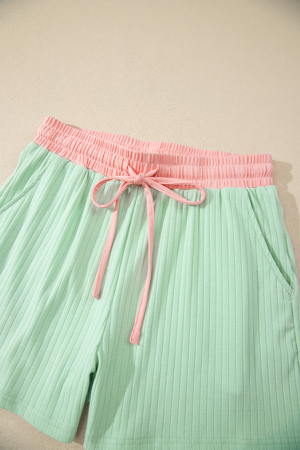 Clearly Aqua Soft Ribbed Color Block Trim Casual Short Set