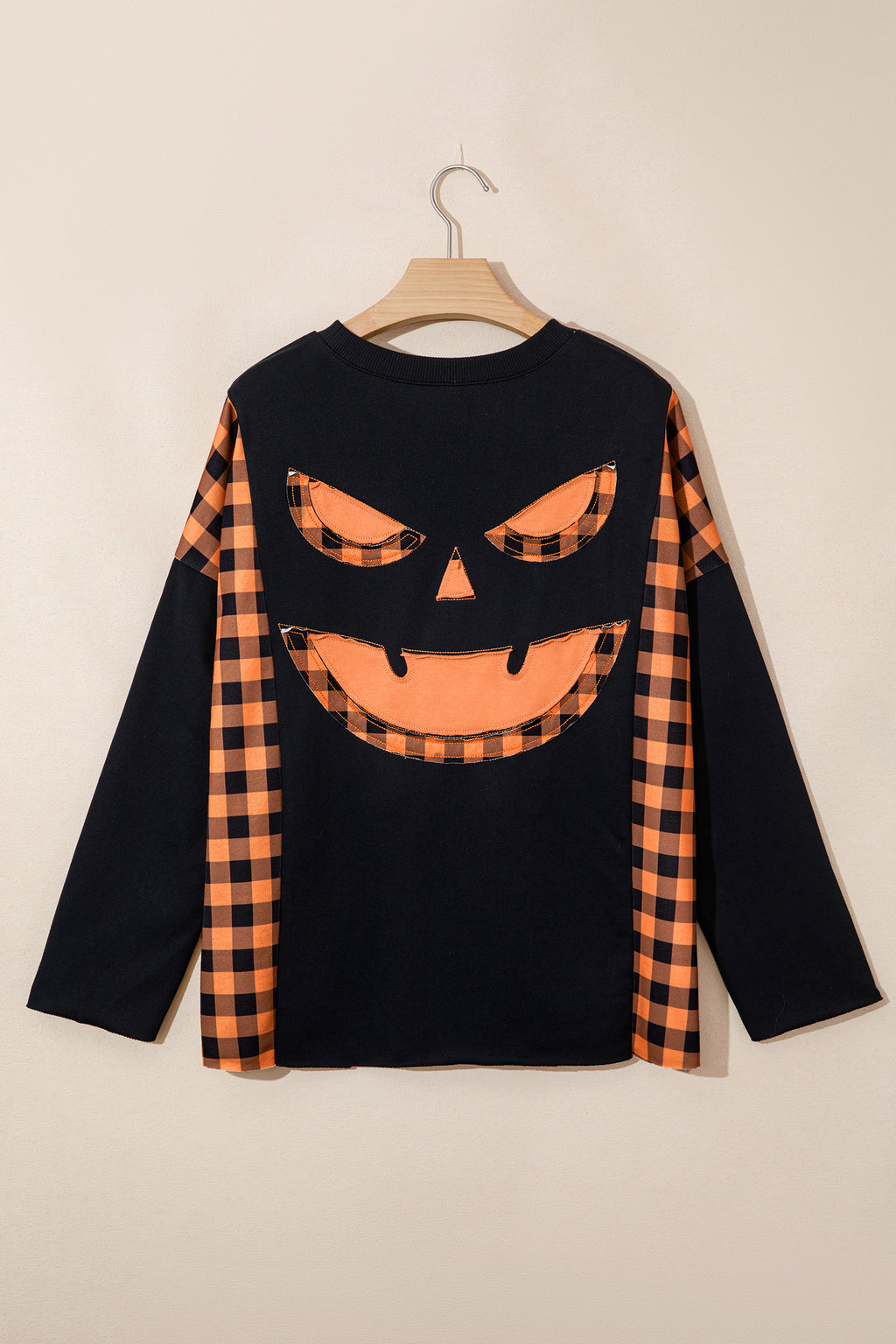Black Patchwork Plaid Pumpkin Face Long Sleeve Top