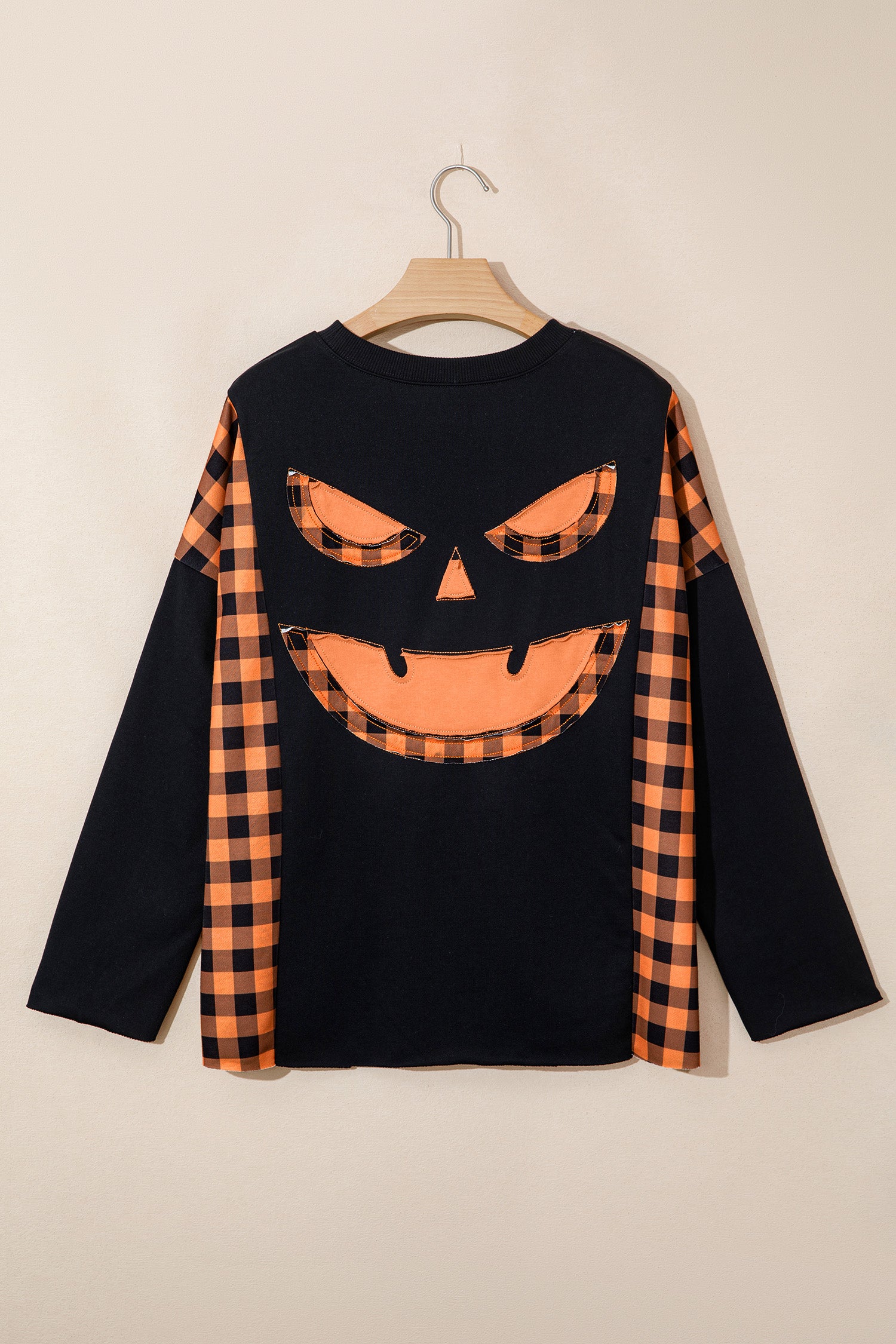 Black Patchwork Plaid Pumpkin Face Long Sleeve Top