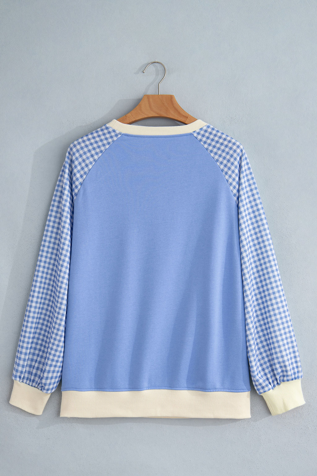 Light Blue Plaid Sleeve Colorblock Raglan Pullover Sweatshirt
