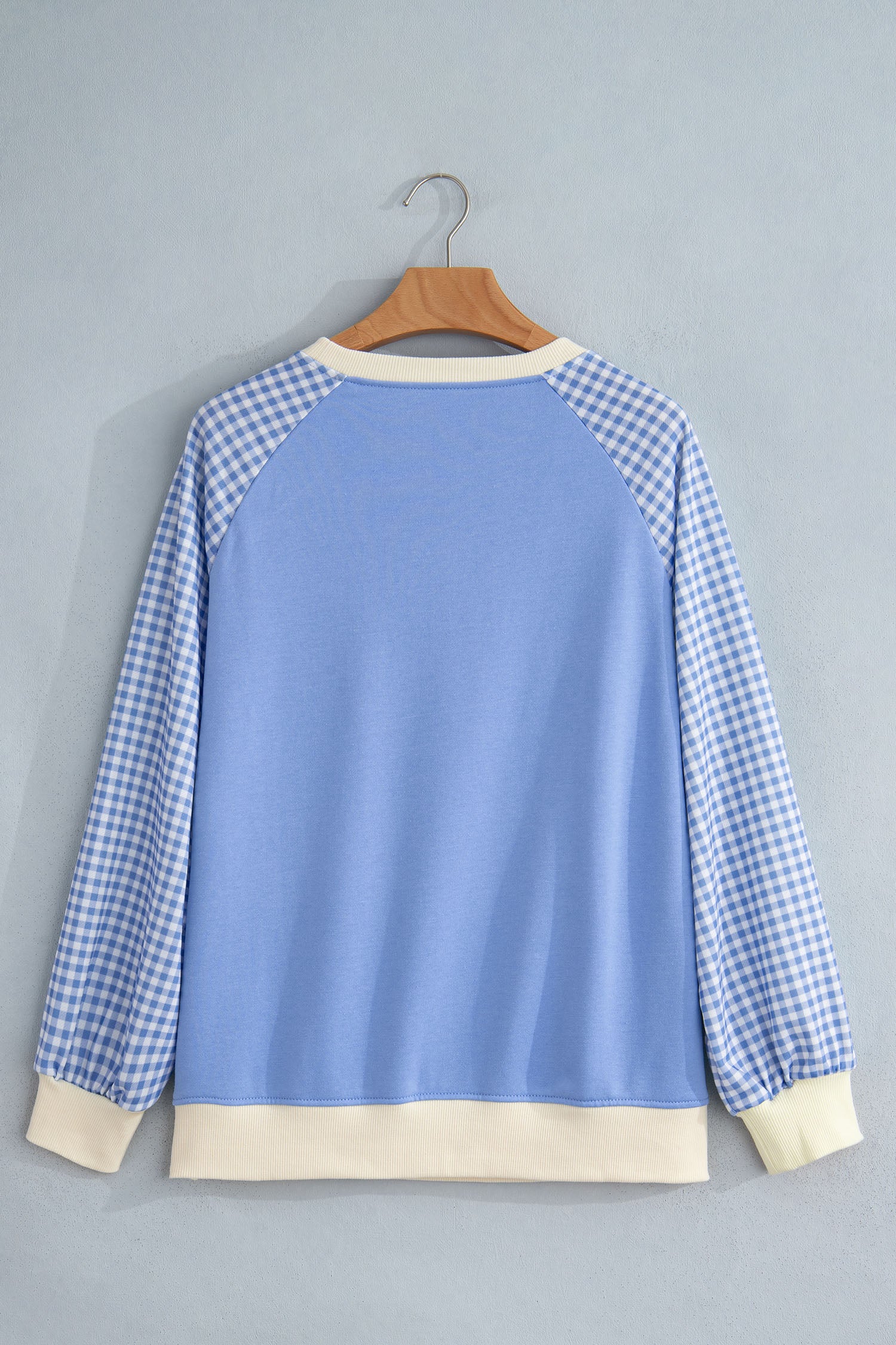Light Blue Plaid Sleeve Colorblock Raglan Pullover Sweatshirt