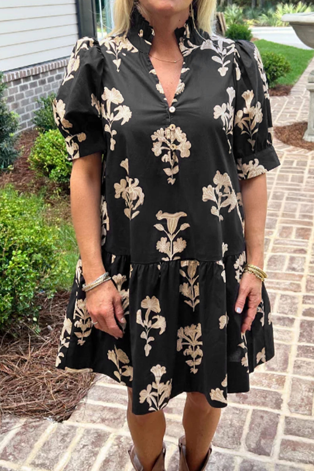 Black Frilled Floral Mini Dress