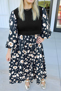 Black Floral Print Long Sleeve Round Neck Shift Plus Size Dress
