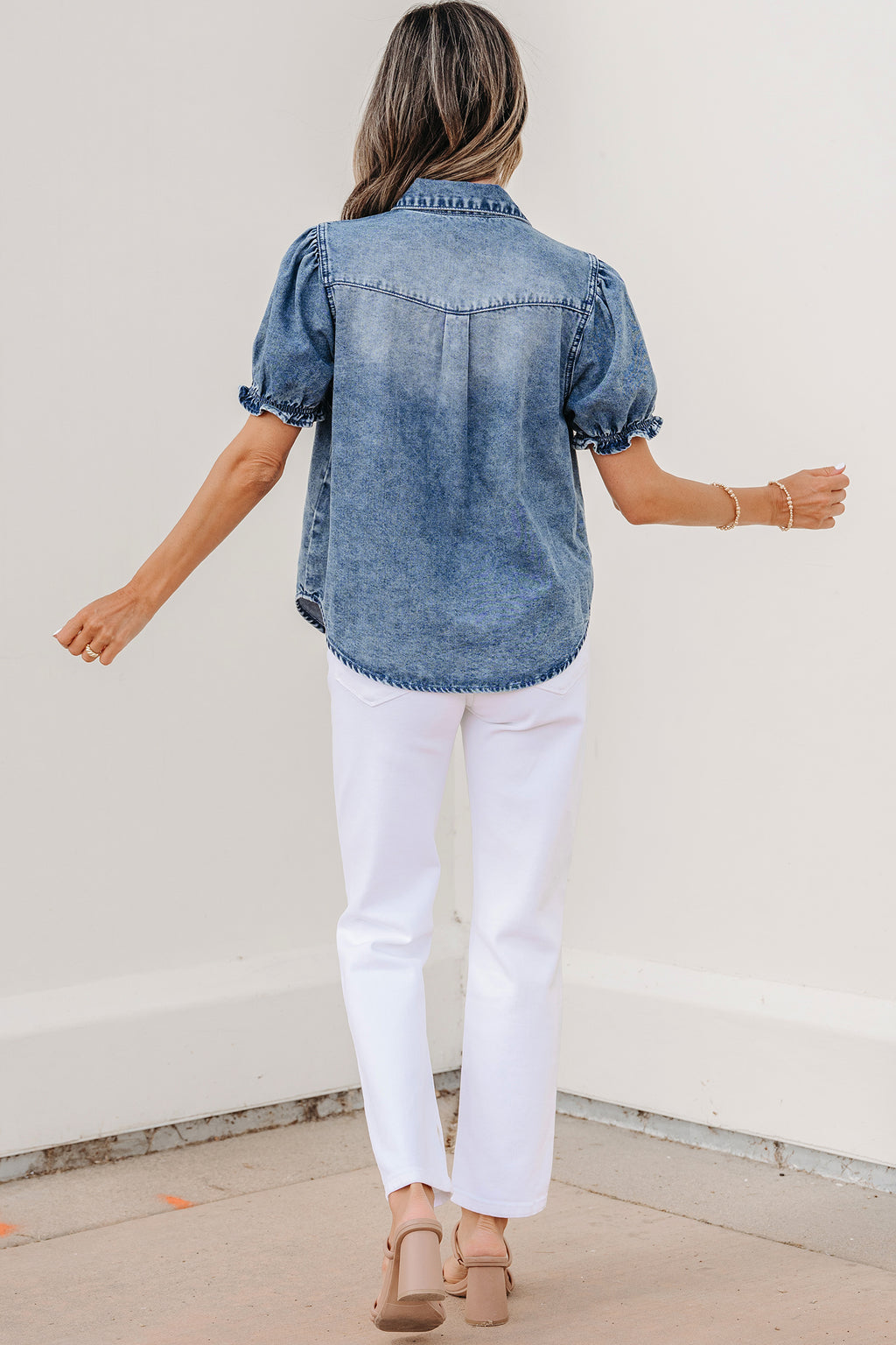 Frilled Short Sleeve Denim Shirt