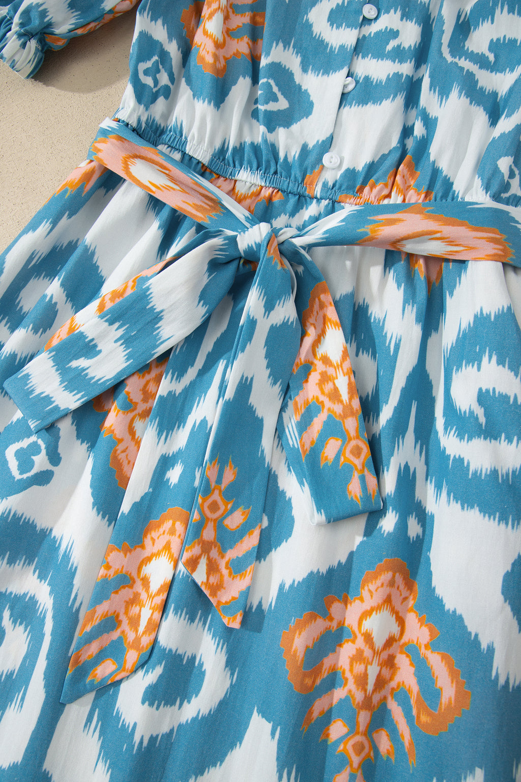 Sky Blue Boho Floral Print Short Puff Sleeve Button Down Ruffle Hem Midi Dress