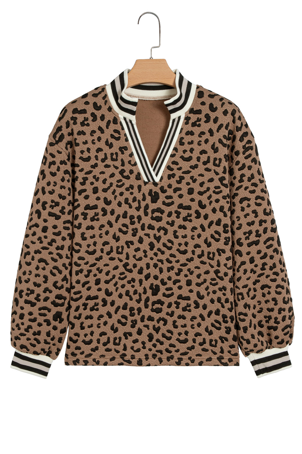 Brown Leopard Print Striped Trim Collar Long Sleeve Shift Pullover