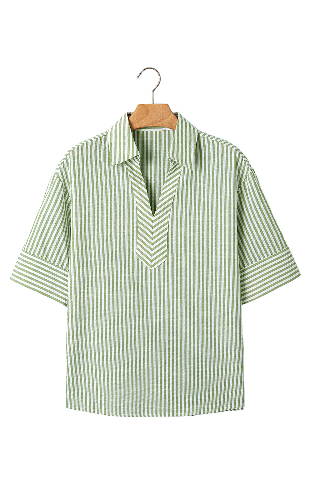 Green Stripe Shirt Collar Half Sleeve Blouse