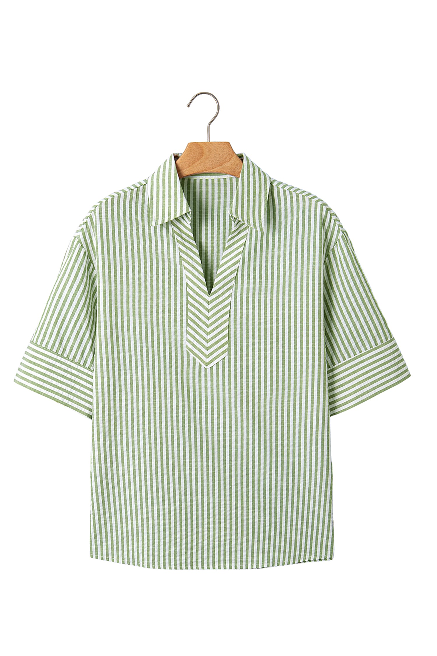 Green Stripe Shirt Collar Half Sleeve Blouse