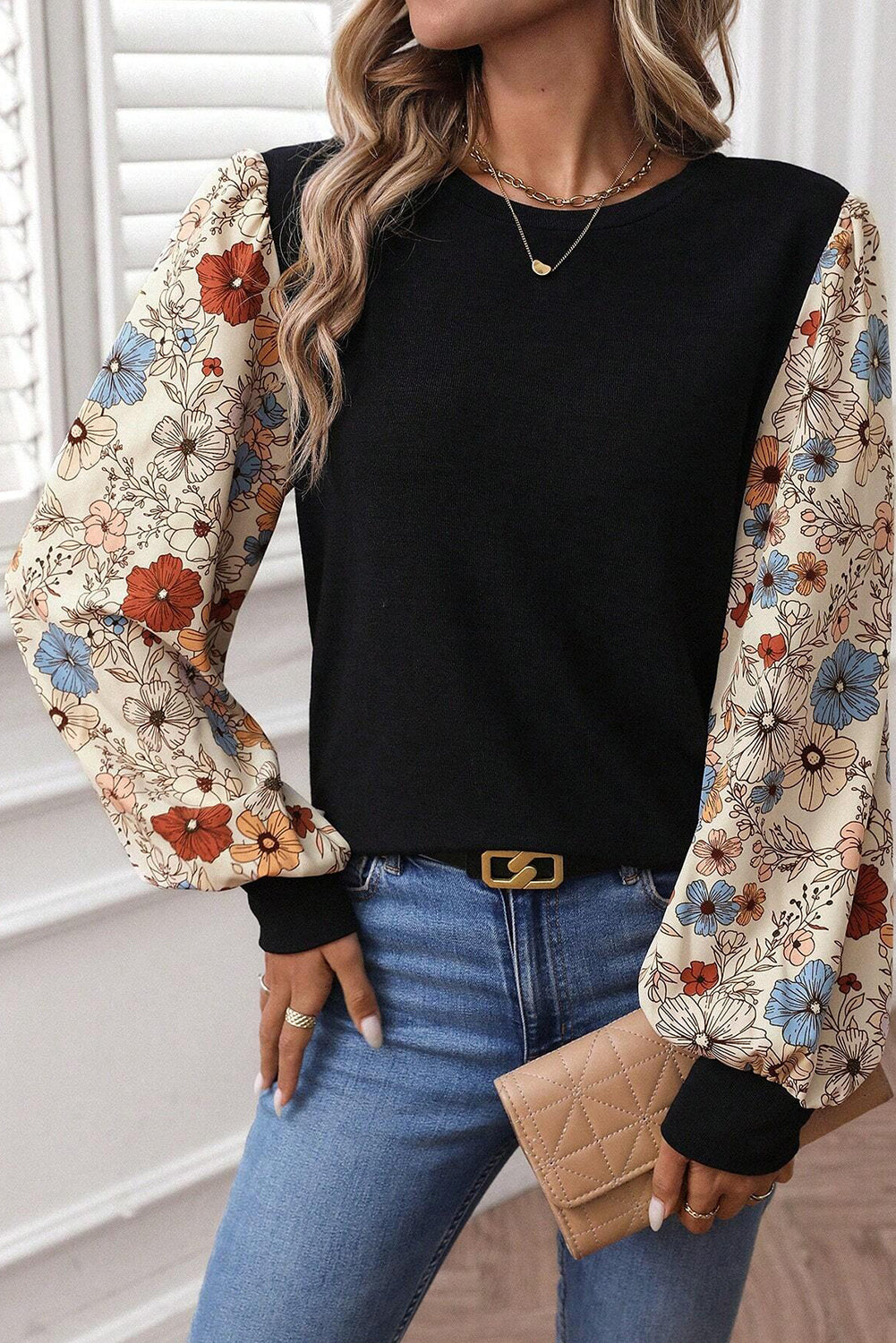 Apricot Flower Puff Sleeve Patchwork Top