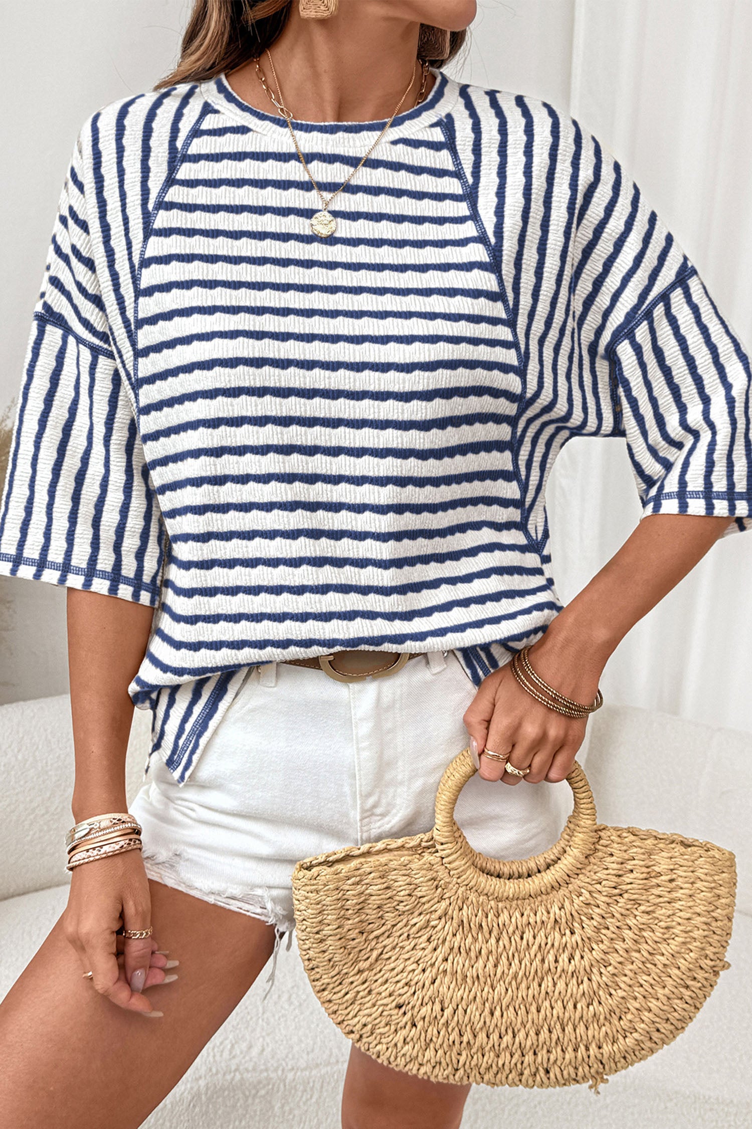 Blue Stripe Half Sleeve Loose Top