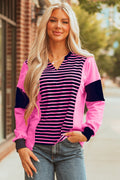 Pink Stripe Color Block V Neck Loose Fit Long Sleeve Top