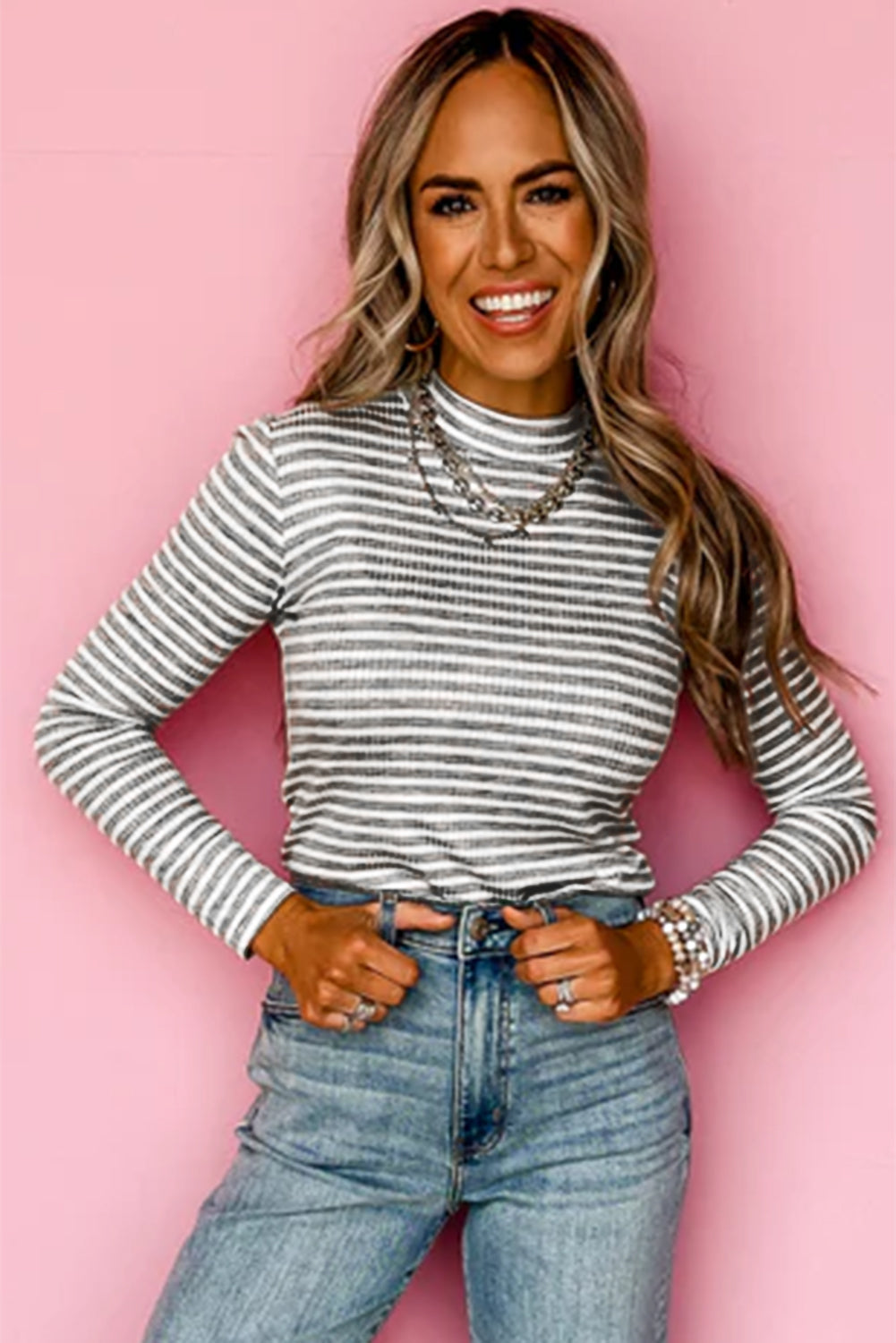 Gray Stripe Ribbed High Neck Slim Fit Long Sleeve Top