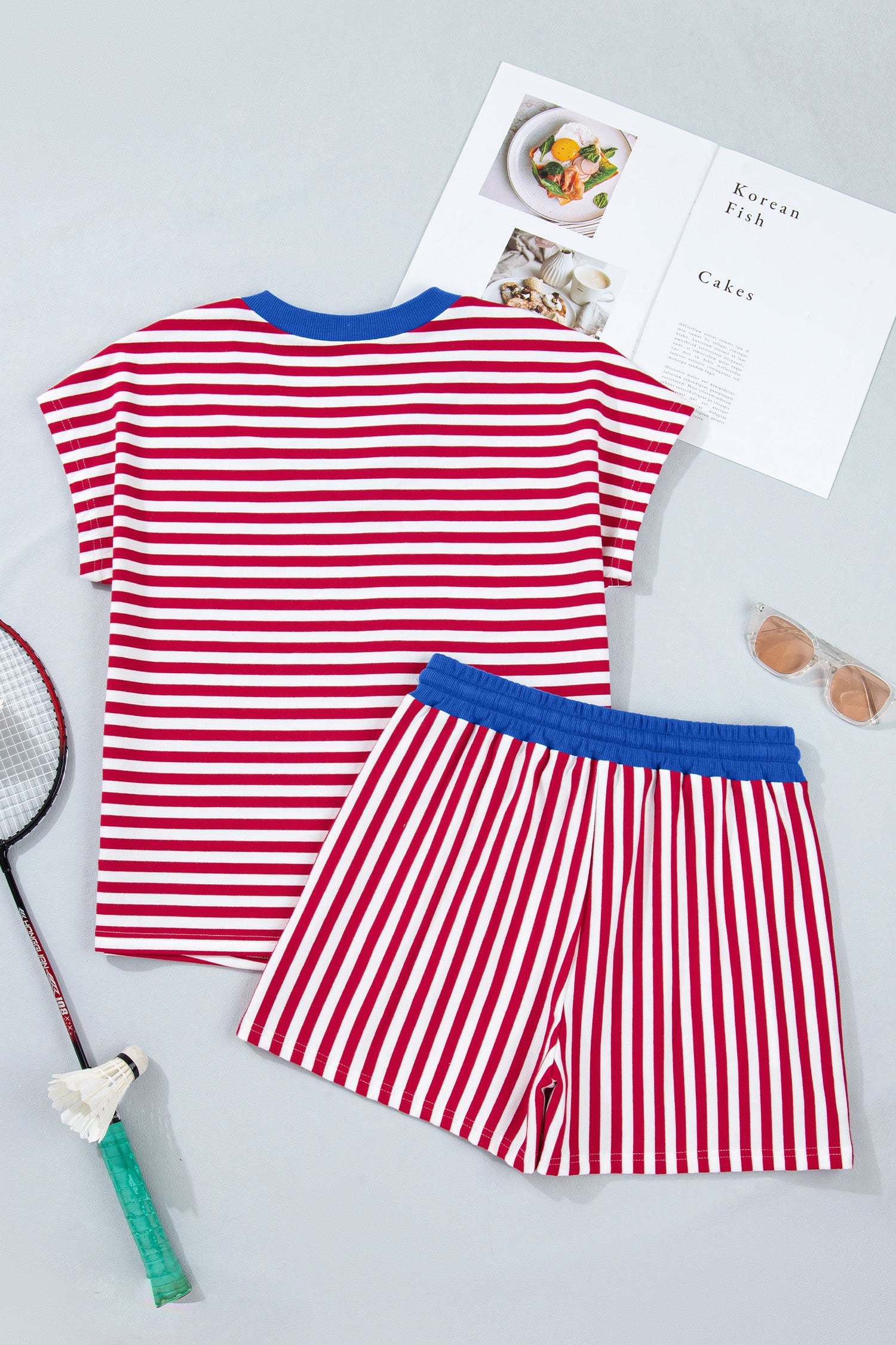Pink Stripe Colorblock Trim V Neck Tee Drawstring Elastic Waist Short Set