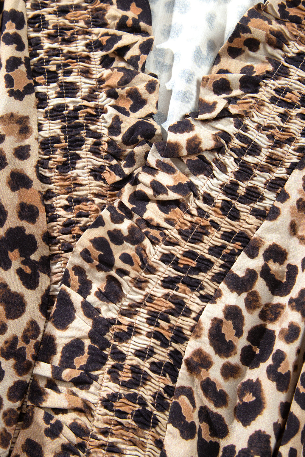 Brown Leopard Print V Neck Long Sleeve Gathered Waist Plus Size Dress