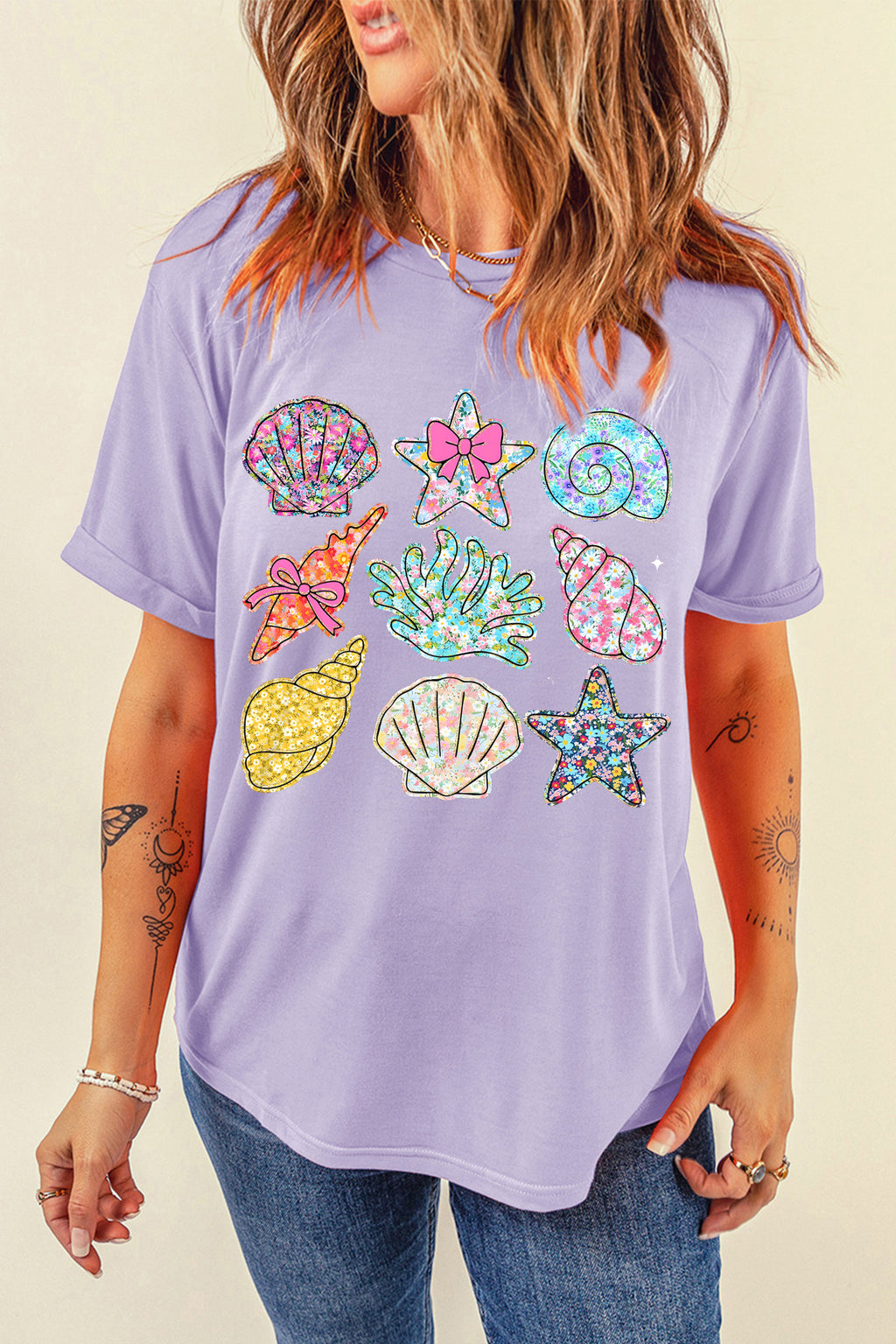 Orchid Petal Vibrant Seashell Printed Beach Vacation Casual T Shirt