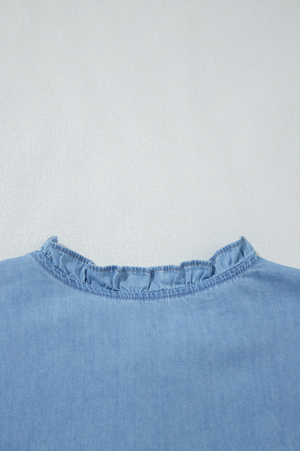 Beau Blue Western Ruffle V Neck Long Sleeve Chambray Blouse
