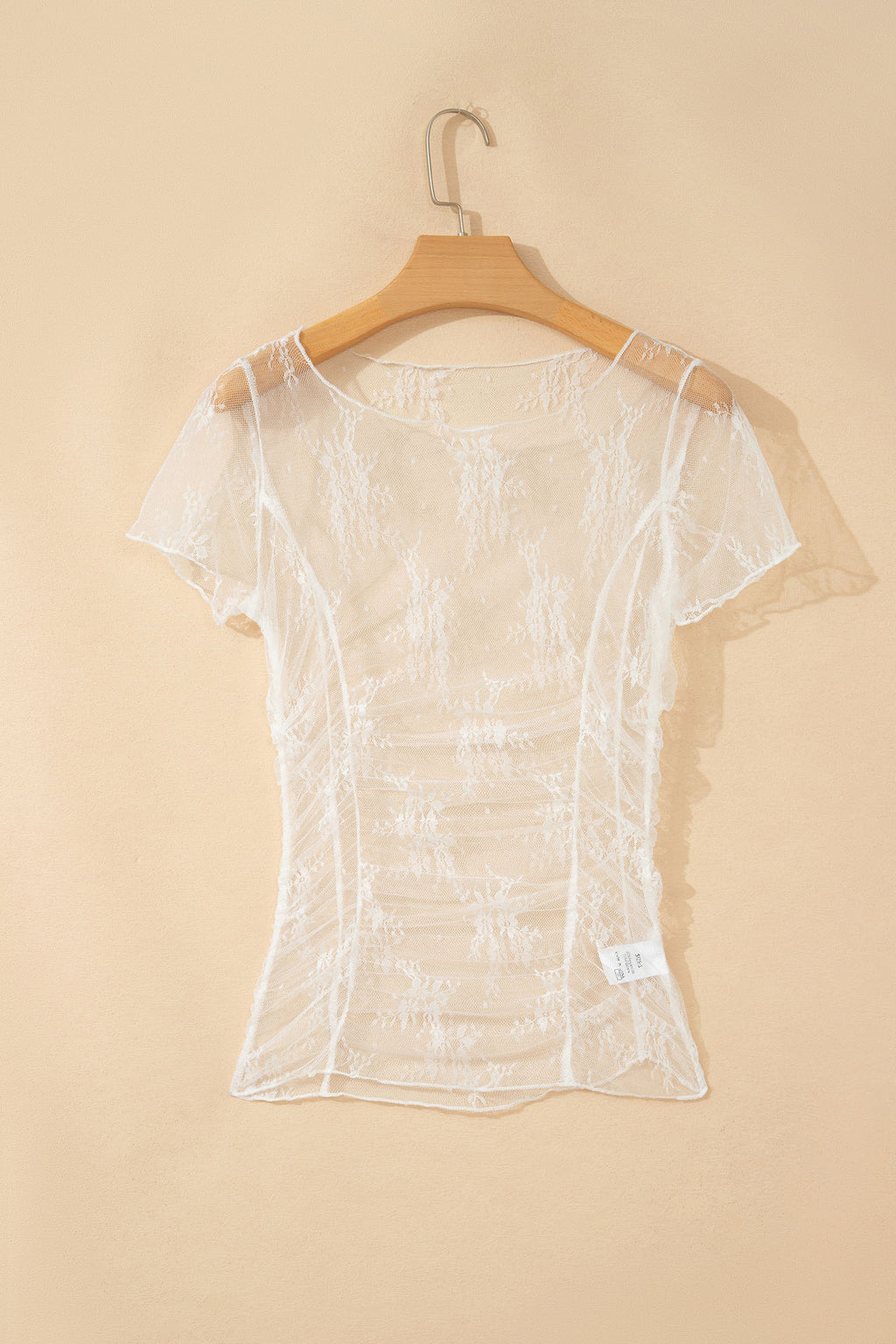 White Exposed Seam Ruched Sheer Floral Mesh Top