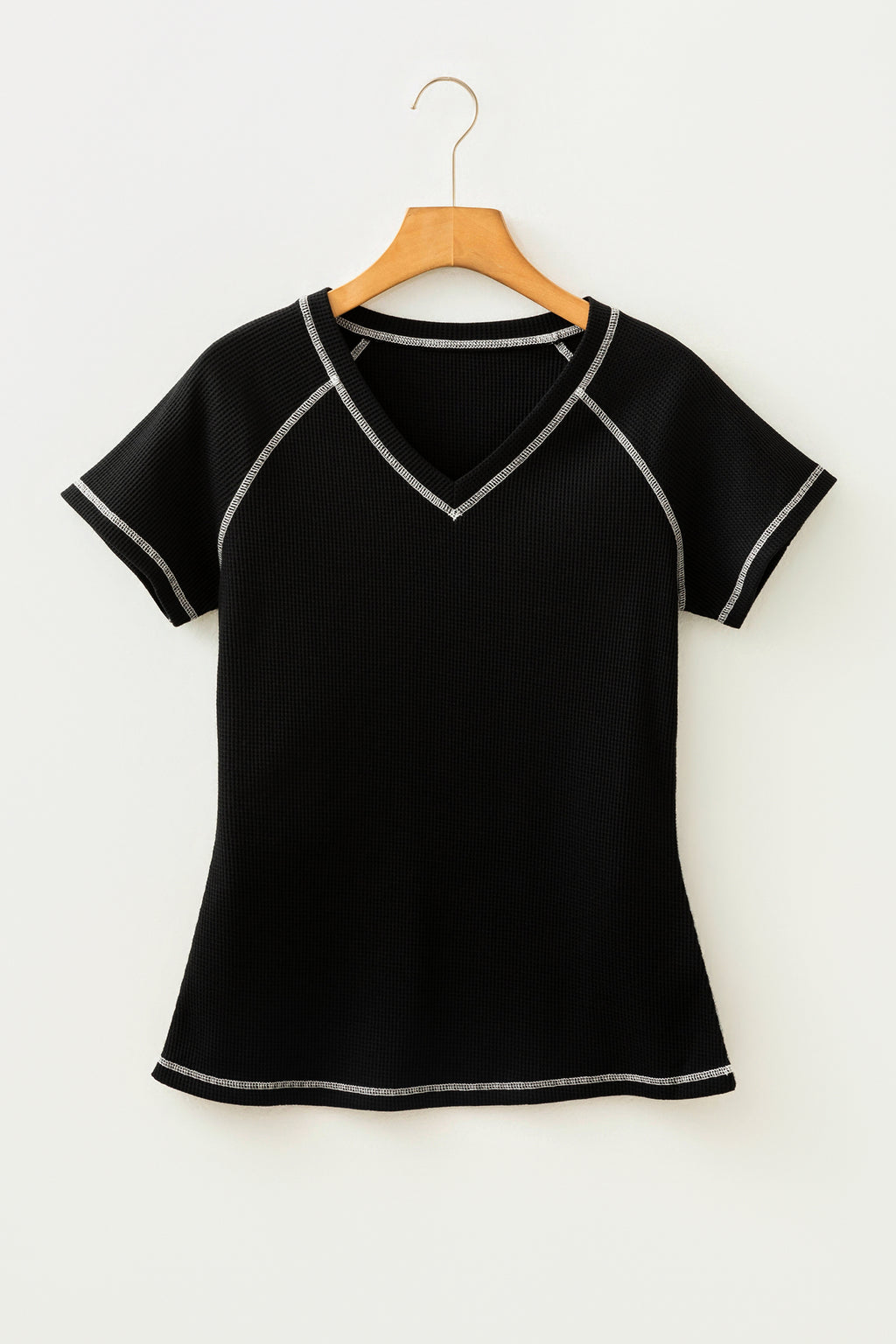 Black Waffle Textured Contrast Trim V Neck Tee