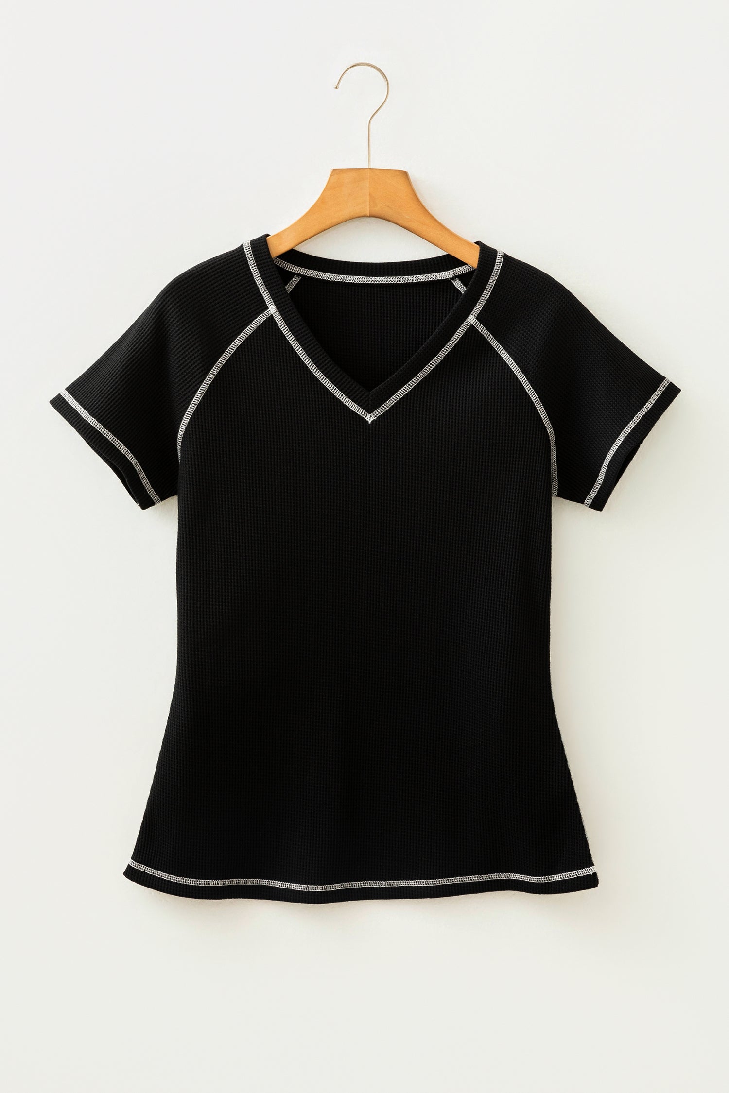 Black Waffle Textured Contrast Trim V Neck Tee