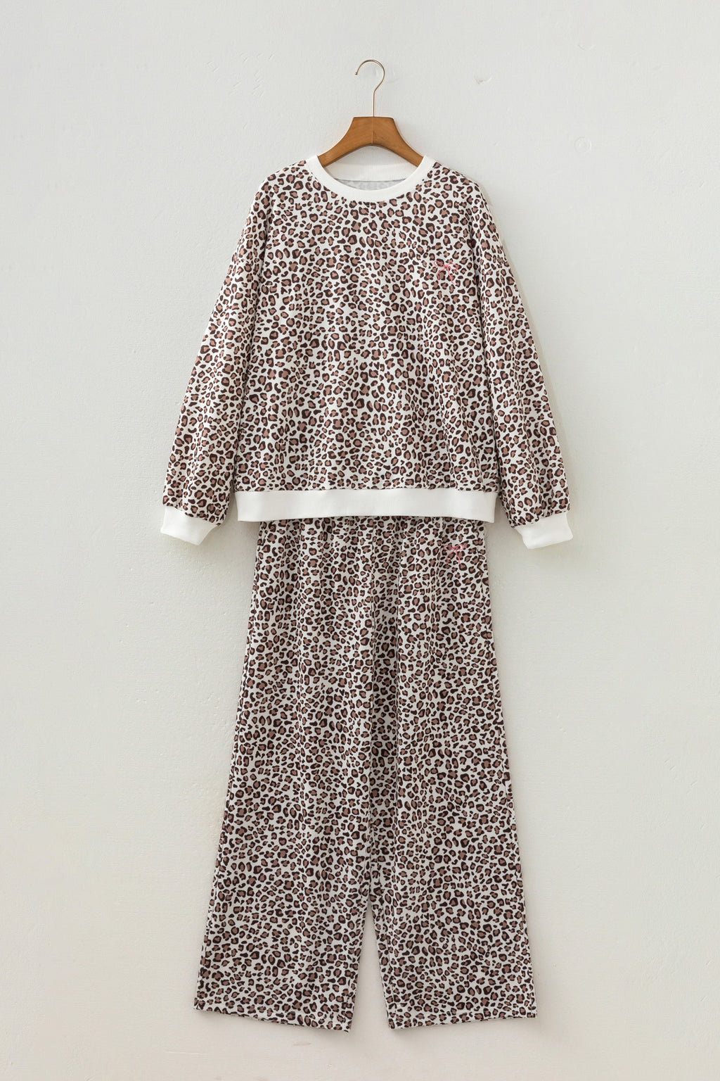 Khaki Leopard Print Embroidery Colorblock Details Pant Set