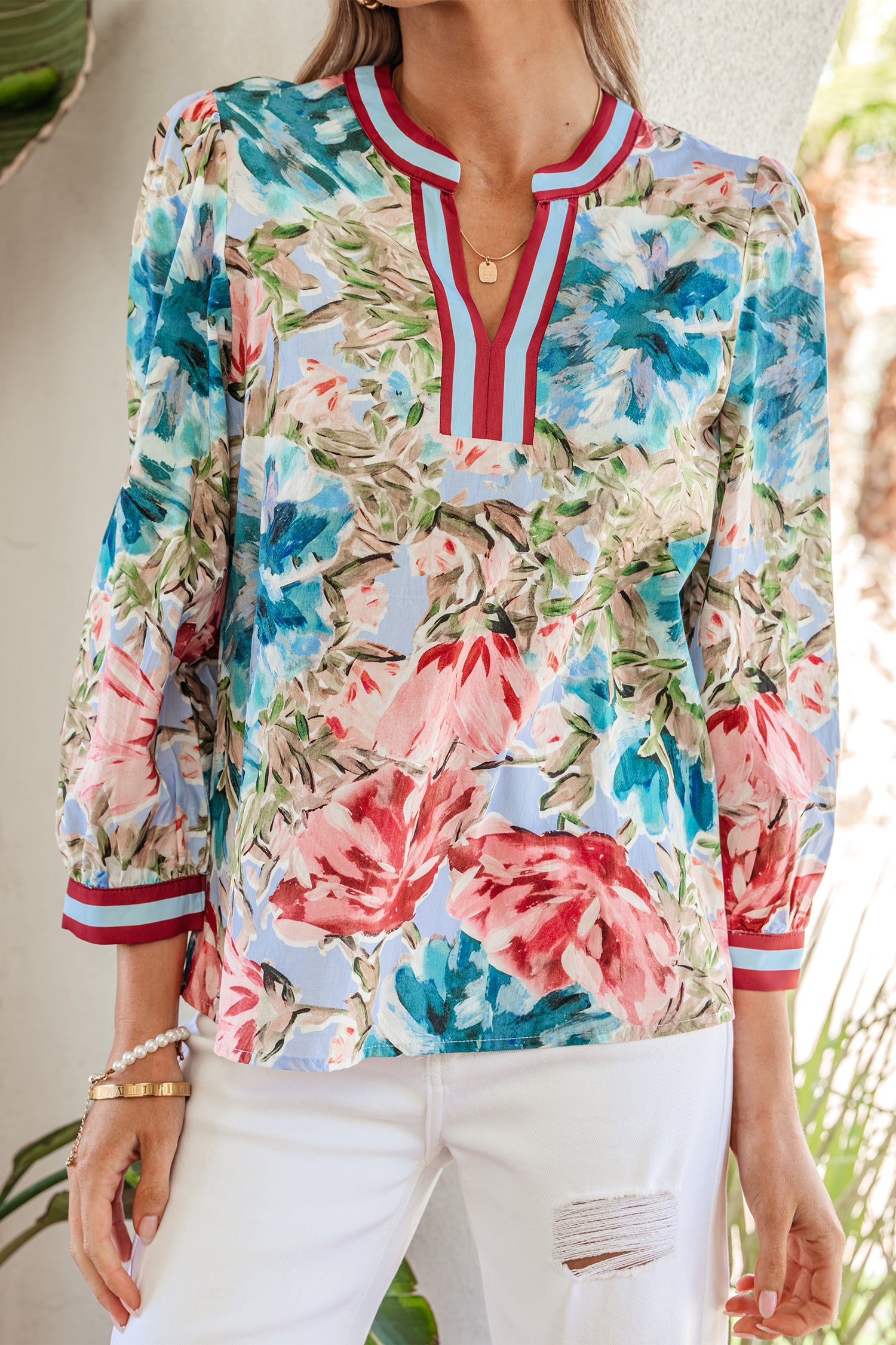 Sky Blue Contrast Floral Blouse