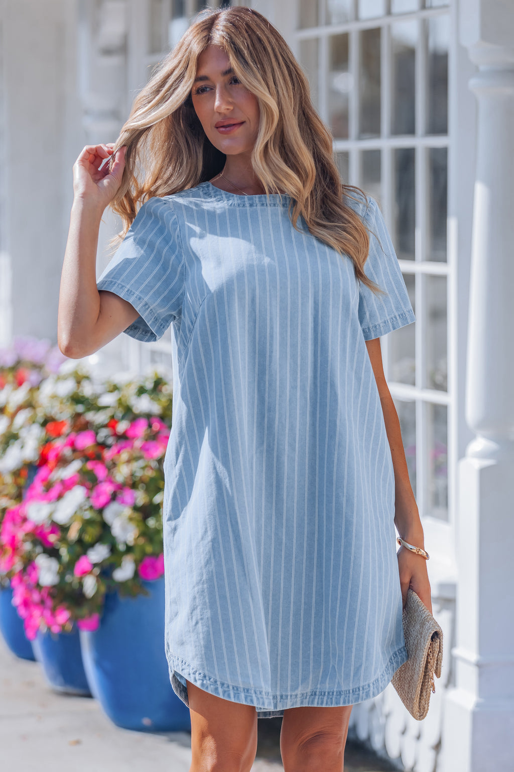 Sky Blue Stripe Denim Mini Dress