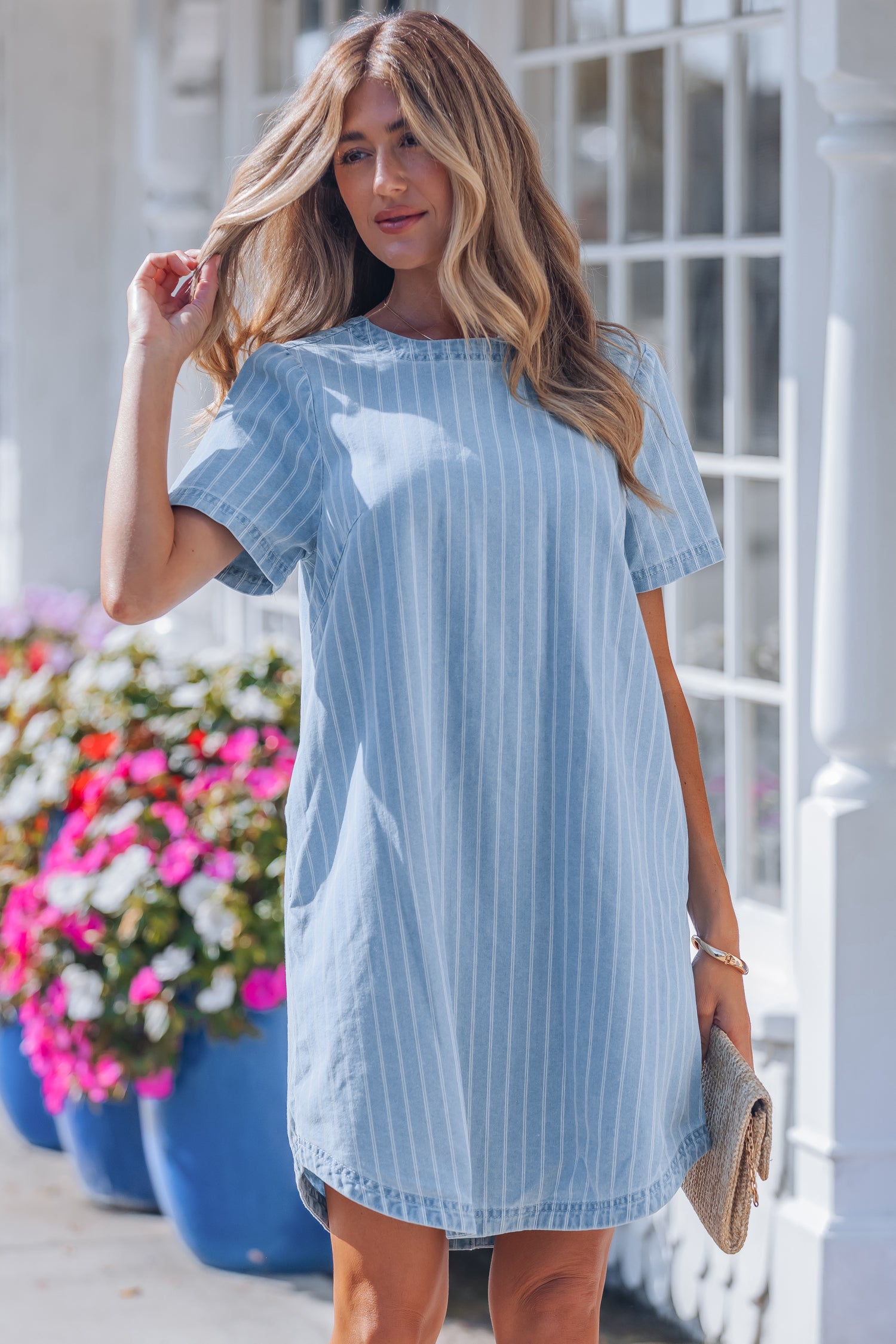 Sky Blue Stripe Denim Mini Dress