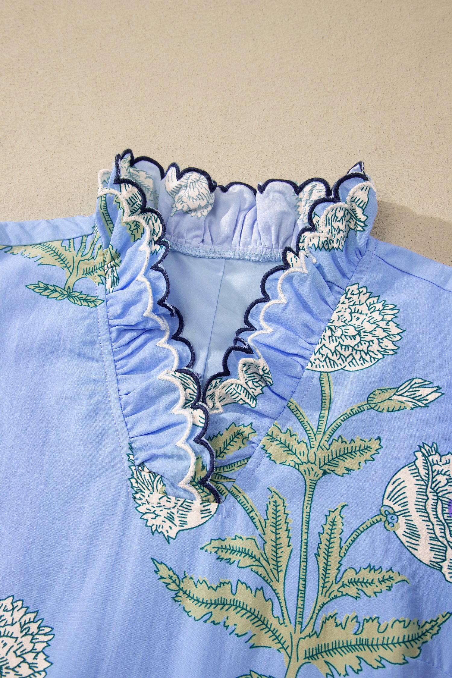Sky Blue Wild Floral Print Scalloped Embroidery Trim V Neck Drop Waist Mini Dress