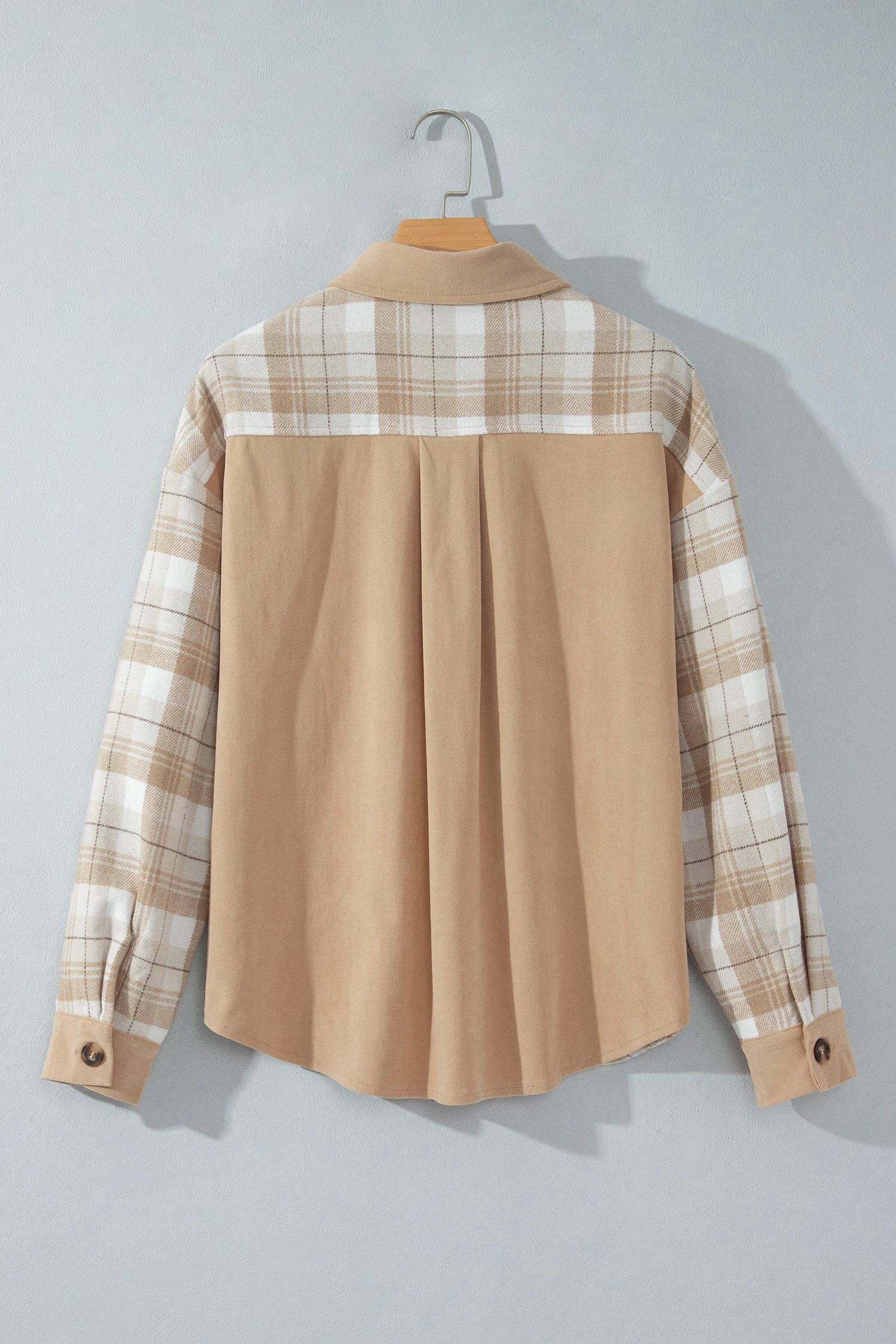 Light French Beige Plaid Colorblock Shirt Collar Shift Shacket