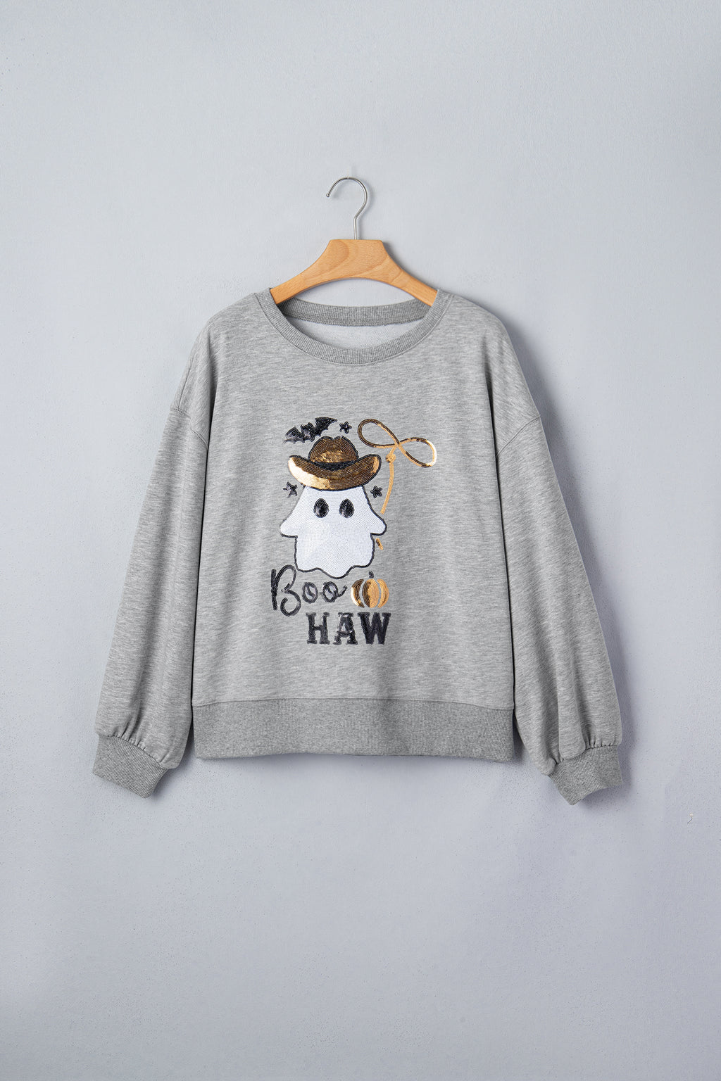 Medium Grey Sequin Western Ghost Print Long Sleeve Round Neck Sweatshirt