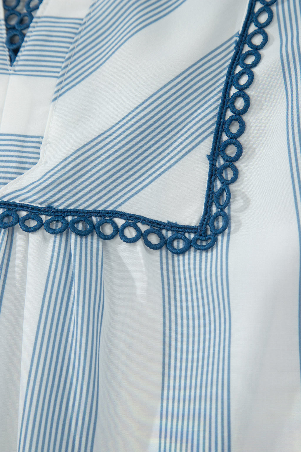 Sky Blue Stripe Subtle Lace Detail V Neck Ruffle Trim Casual Dress