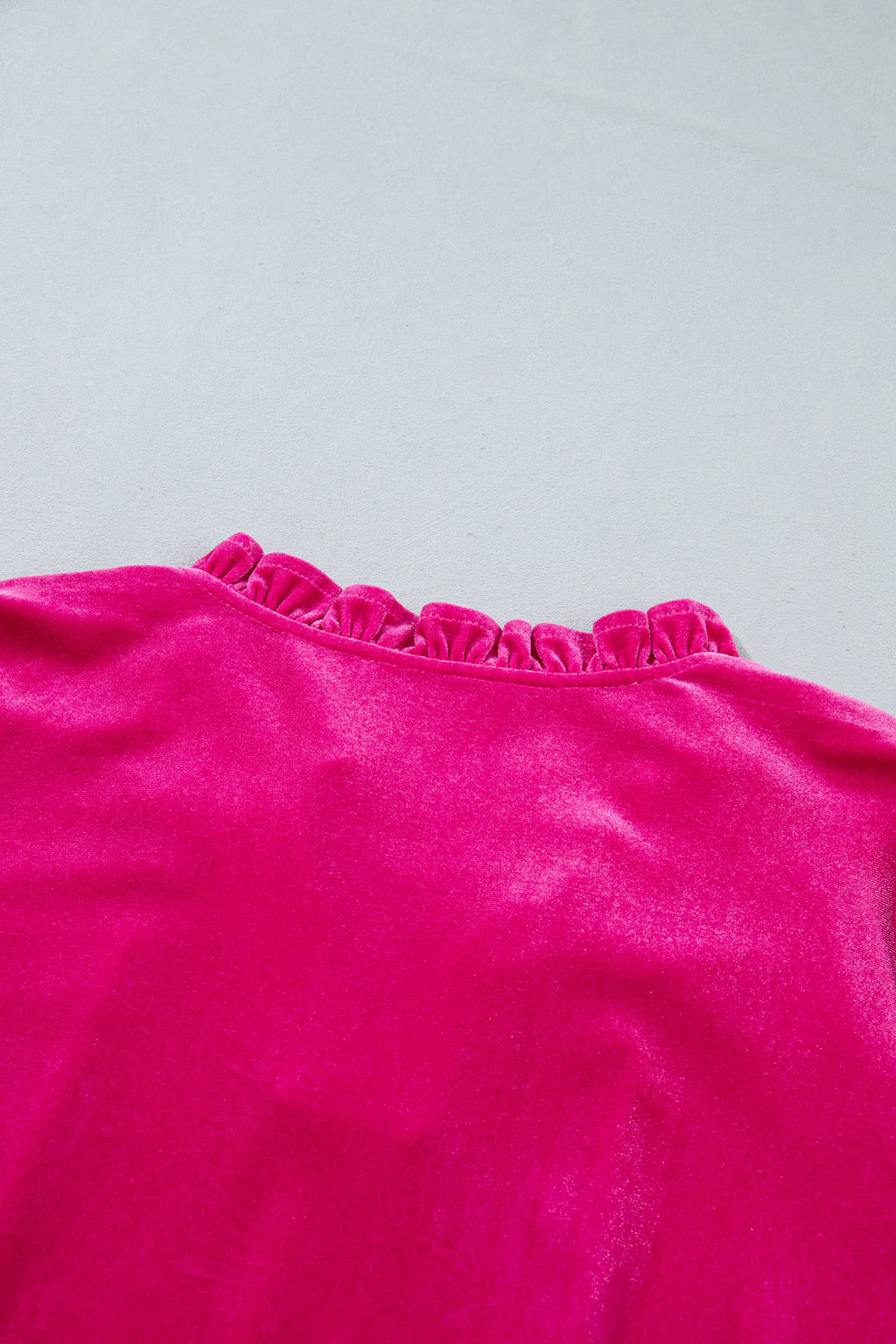 Strawberry Pink V Neck Velvet Ruffled Cuffs Hem Long Sleeve Top